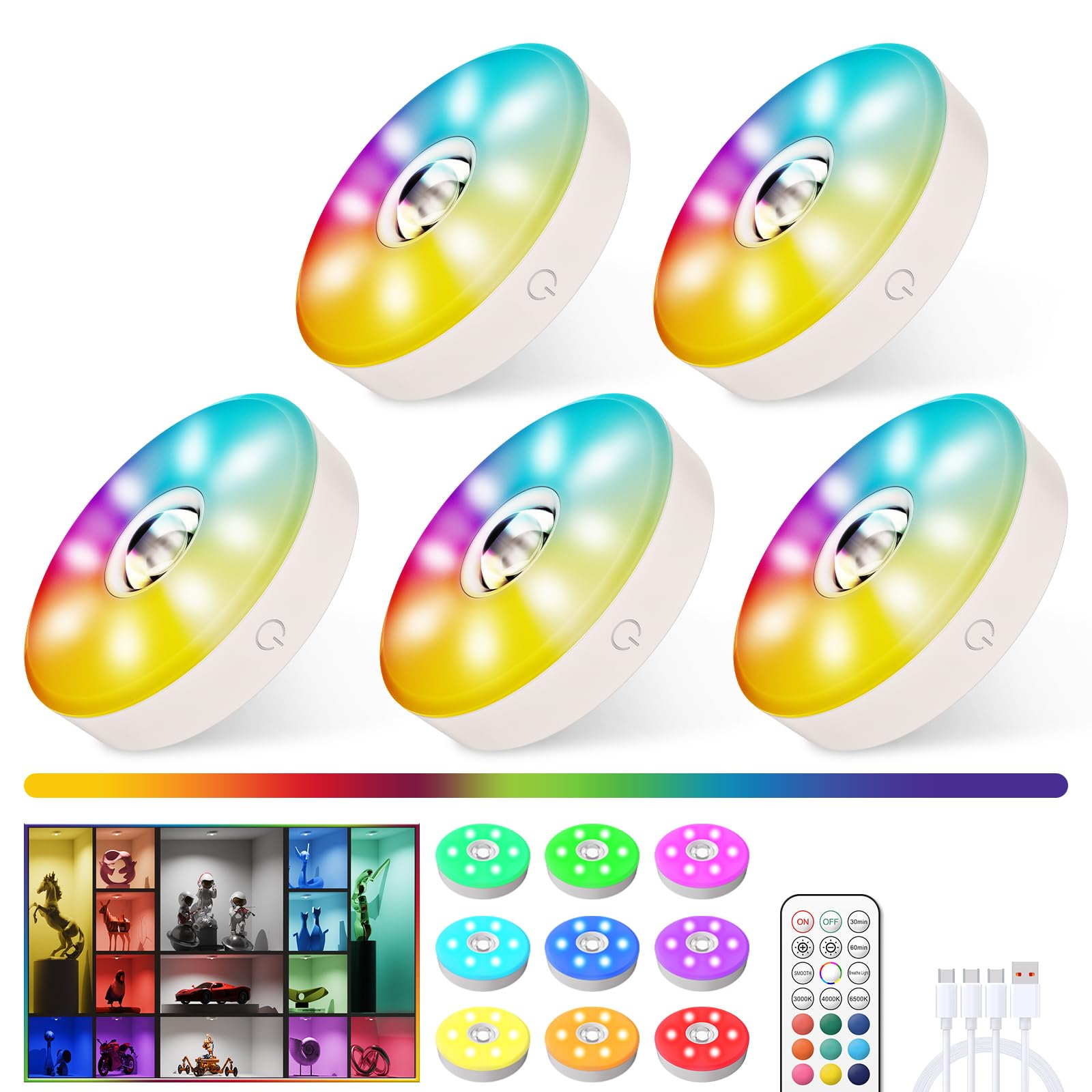 MEKKLEON RGB Schrankleuchten mit Fernbedienung, 15 Farben LED Schrankbeleuchtung, Magnetisch Dimmbar Led Unterbauleuchte, Kabellos Vitrinenbeleuchtung mit Timing Funktion(Weiß,5 PACK)