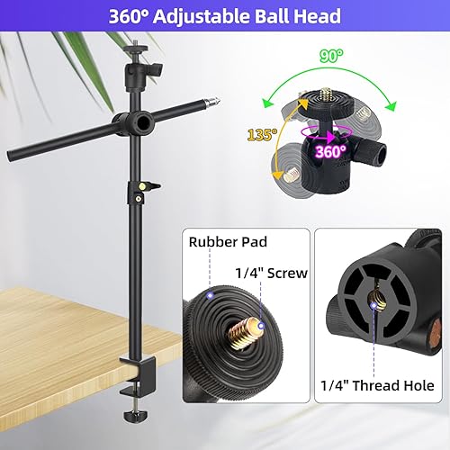 Miniatura 5 de Soporte de cámara superior, soporte para cámara web para escritorio con brazo de sujeción ajustable de 360 para luz de anillo, soporte de escritorio