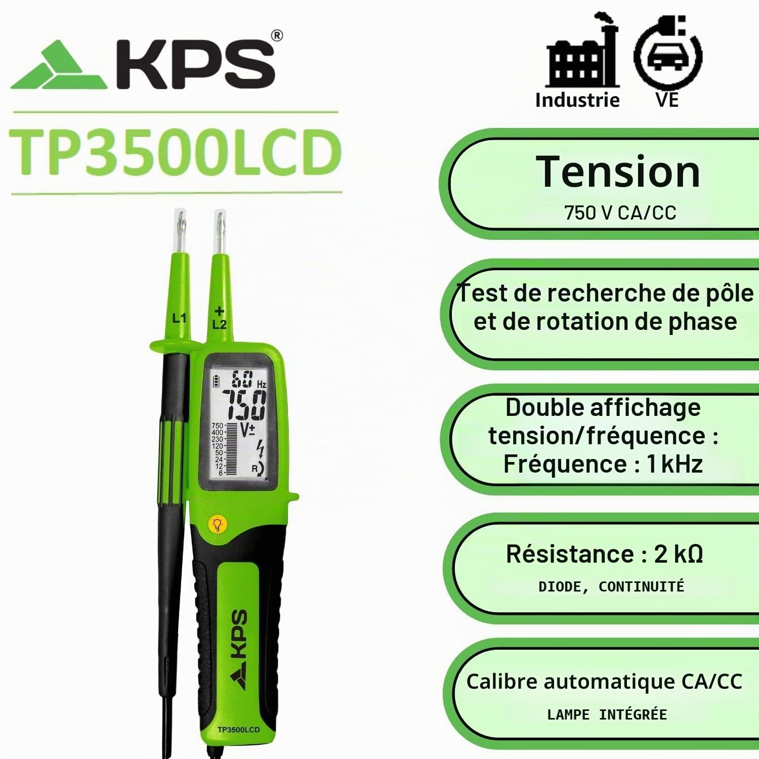 KPS - TP3500LCD Testeur TRMS AC/DC 750 V écran LCD, fréquence, résistance, continuité, diodes, phase active IP65 CAT.IV