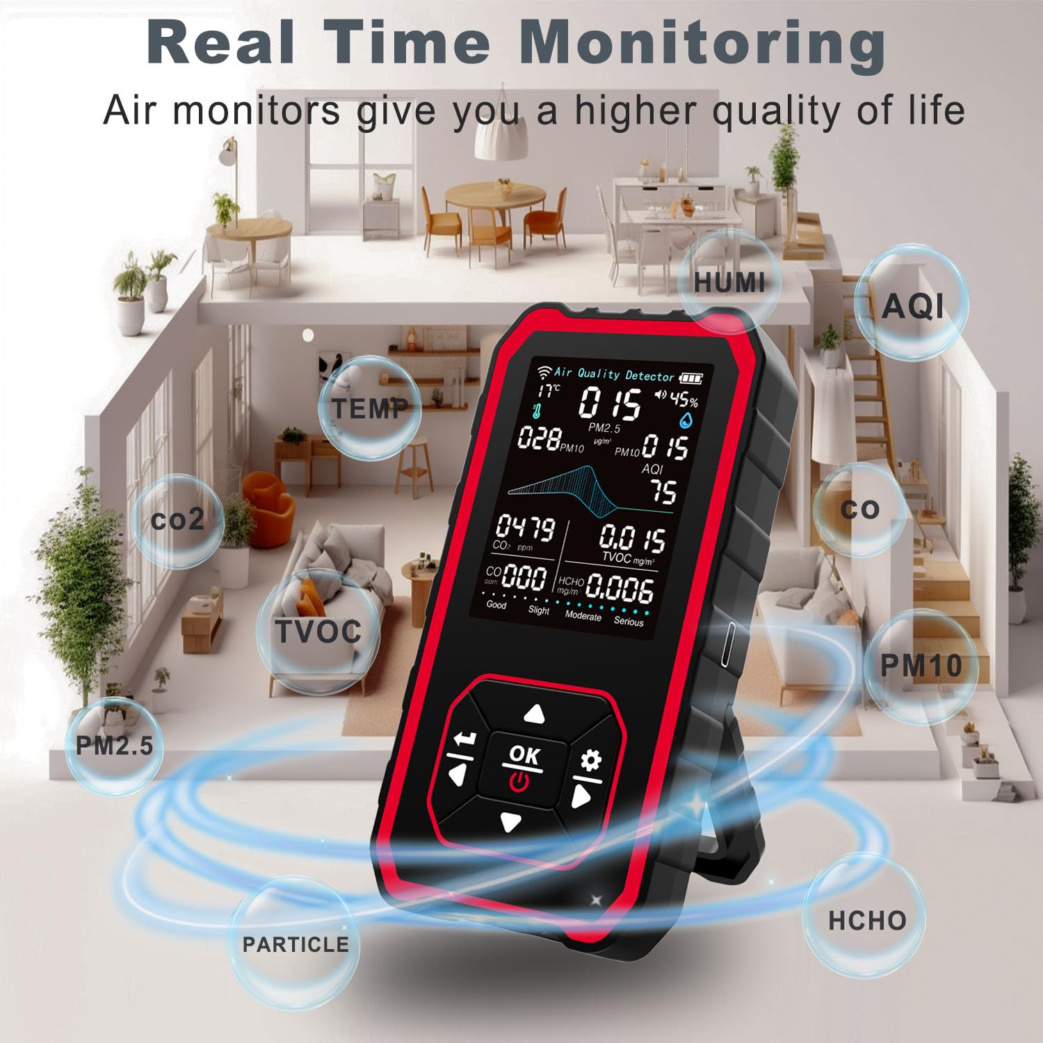 Rilevatore di Qualità dell'Aria Interno 10 in 1, Monitor Digitale con Rilevazione PM2.5 PM10 HCHO TVOC AQI,Sensore di Temperatura e Umidità,Ricarica USB,Portatile per Casa, Ufficio, Viaggi e Grow Tent