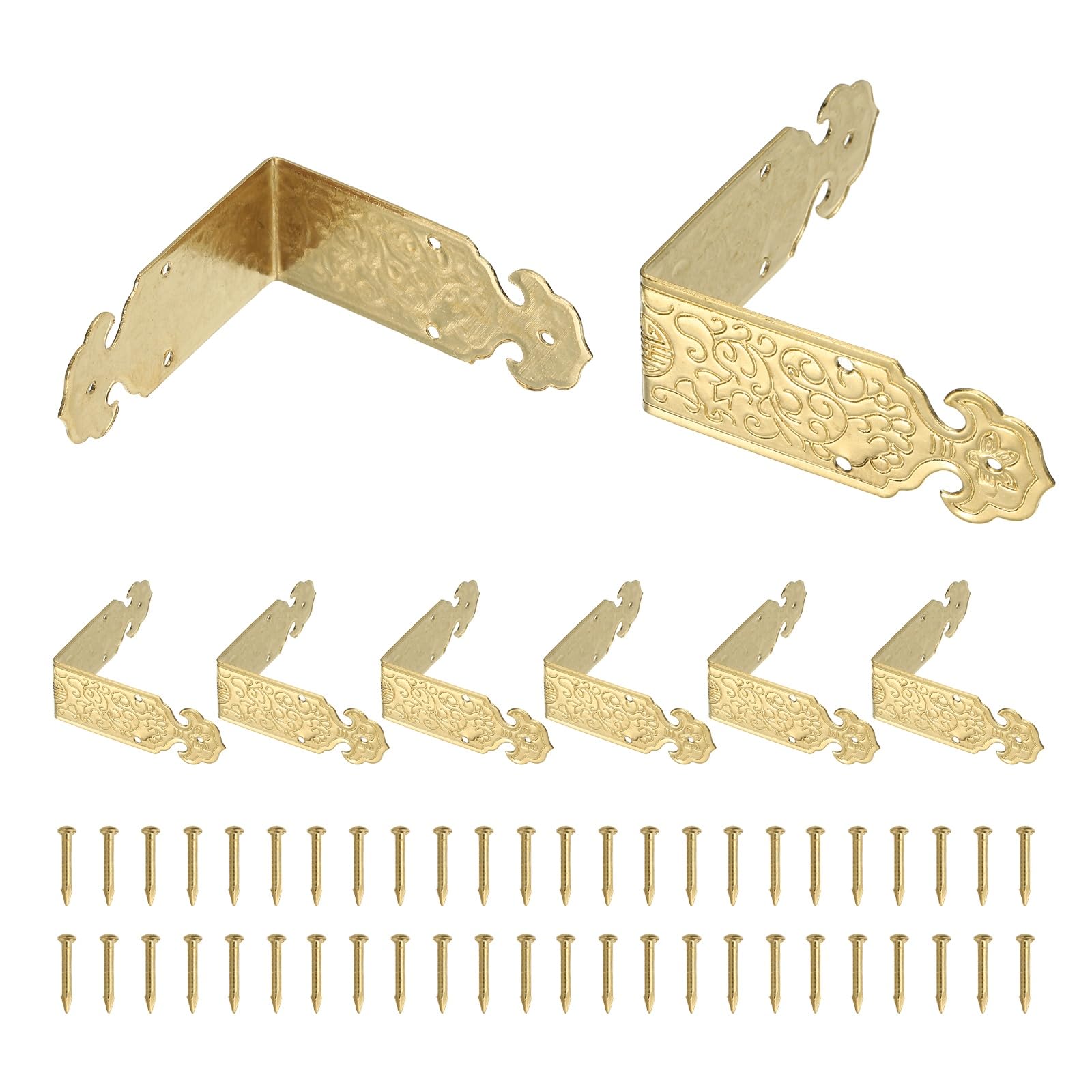sourcing map 8 Pcs L Shaped Vintage Corner Protectors, 50 x 20 mm Decorative Guards, Protector Corner Braces with 48Pcs Nails for Cabinets Furniture Wooden Boxes, Brass