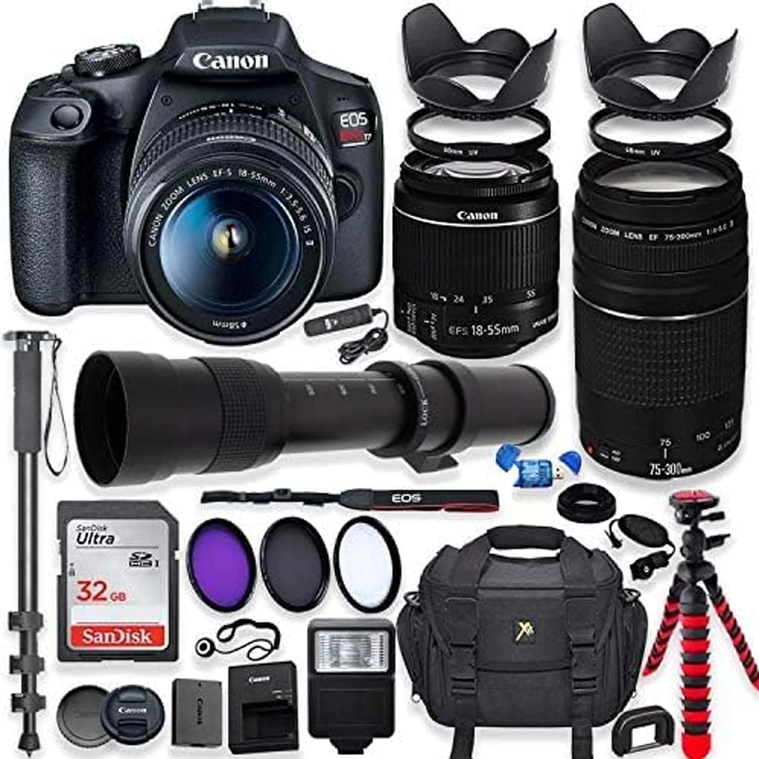 Canon EOS Rebel T7 DSLR Camera with 18-55mm is II Lens + Canon EF 75-300mm III Lens & 420-800mm Preset Telephoto Zoom Lens + 32GB Memory + Filters + Spider Tripod + Professional Bundle (Renewed) Canon EOS Rebel T7 DSLR Camera with 18-55mm is II Lens + Canon EF 75-300mm III Lens & 420-800mm Preset Telephoto Zoom Lens + 32GB Memory + Filters + Spider Tripod + Professional Bundle (Renewed)