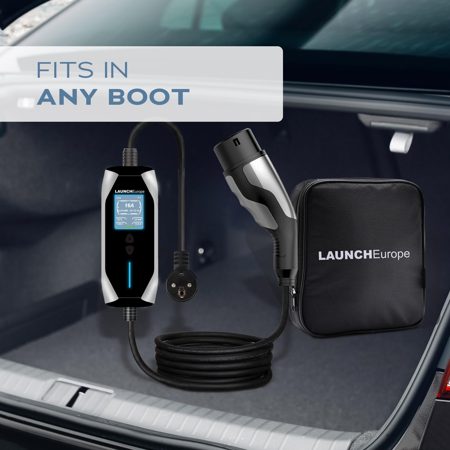LAUNCH Europe Mobile Wallbox 3,5 kW [1-phasig | 7 m | 6–16 A] mit App-Steuerung & Typ-2-Schutz, Tragbare EV Ladestation CEE Schuko für Model Y/3, ID.3/4/5, ZOE, e-tron und andere PHEV/EV