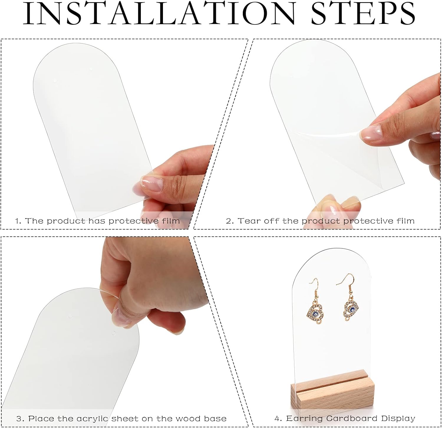 Yulejo Acrylic Earring Display Stand Jewelry Retail Holder Arch Acrylic Holder for Studs Dangle Earrings Solid Hollow Sign Stand Jewelry Displays with Wooden Bases - Image 3