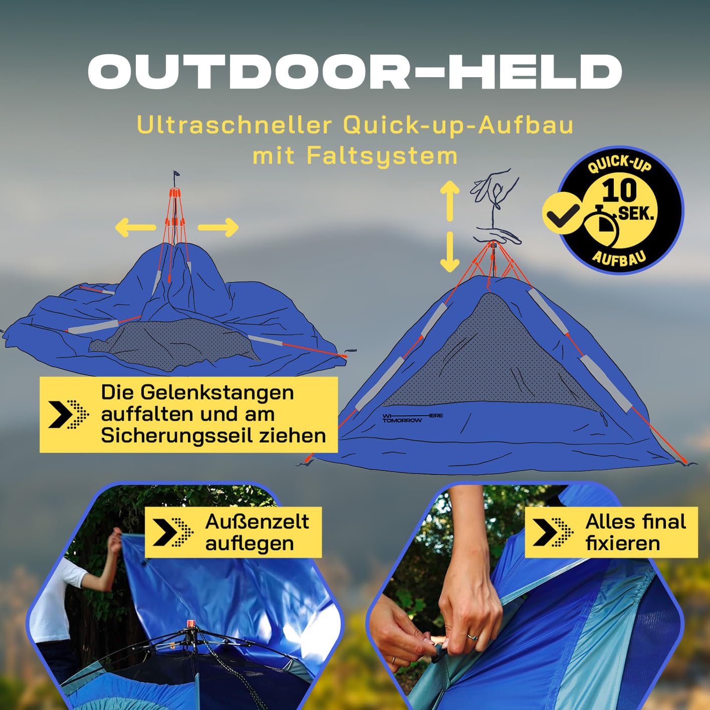 Lumaland Camping Zelt | Leichtes Pop Up Wurfzelt | 2-3 Personen Kuppelzelt | Trekking & Festival Igluzelt | Sekundenzelt Wasserdicht 210x190x110cm | Ideal auch als Strand Wind- & Sonnenschutz