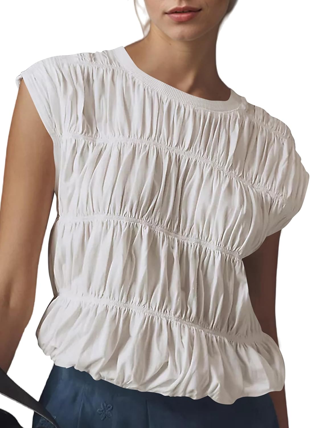 MISSACTIVER Women's Cute Tiered Shirred Bubble Top Solid Casual Crew Neck Cap Sleeve Tank Top Babydoll Tee Shirt Blouse Tops