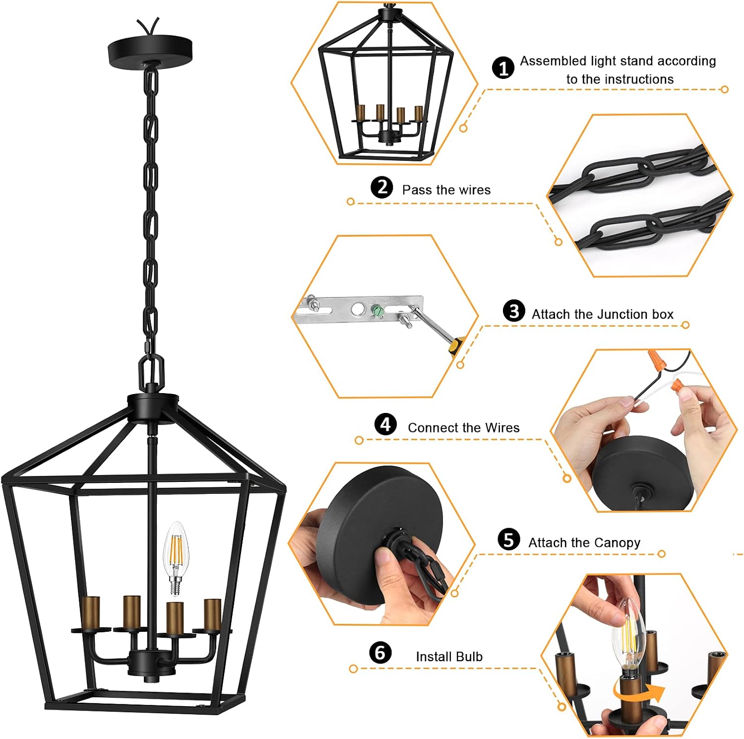 Chandelier Light Fixture 4-Light Pendant Lighting Pendant Ceiling Hanging Light Fixture Modern with 4 Bulb Farmhouse Chandelier for Kitchen Island Living Room Dining Room Foyer, ETL Listed