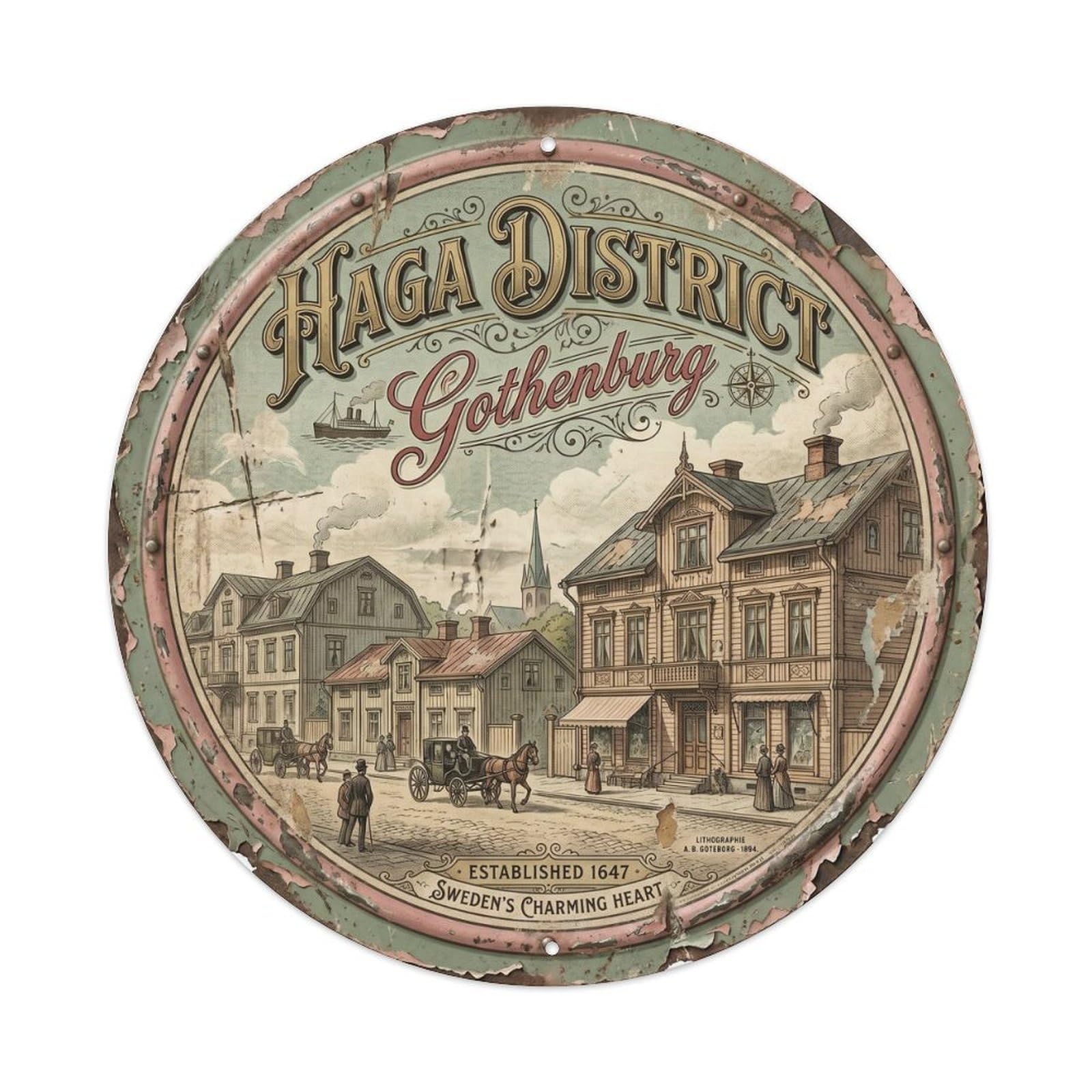 Cmhok Vintage Style-12 Vintage Travel Haga District Sweden Artwork Metal Tin Sign Plaque Wall Decor For Cafe, Club, Garden Round Metal Poster 8X8inch