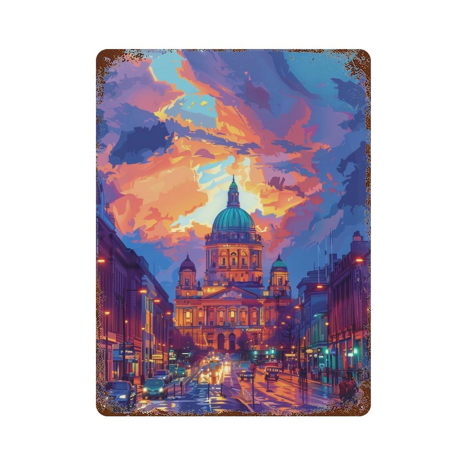 Rust Effect Cityscape with Dome Building -1 Rustic Tin Plaque 15.7"x11.8", Classic Wall Plaque for Shed, Workshop And Garage Wall Decor