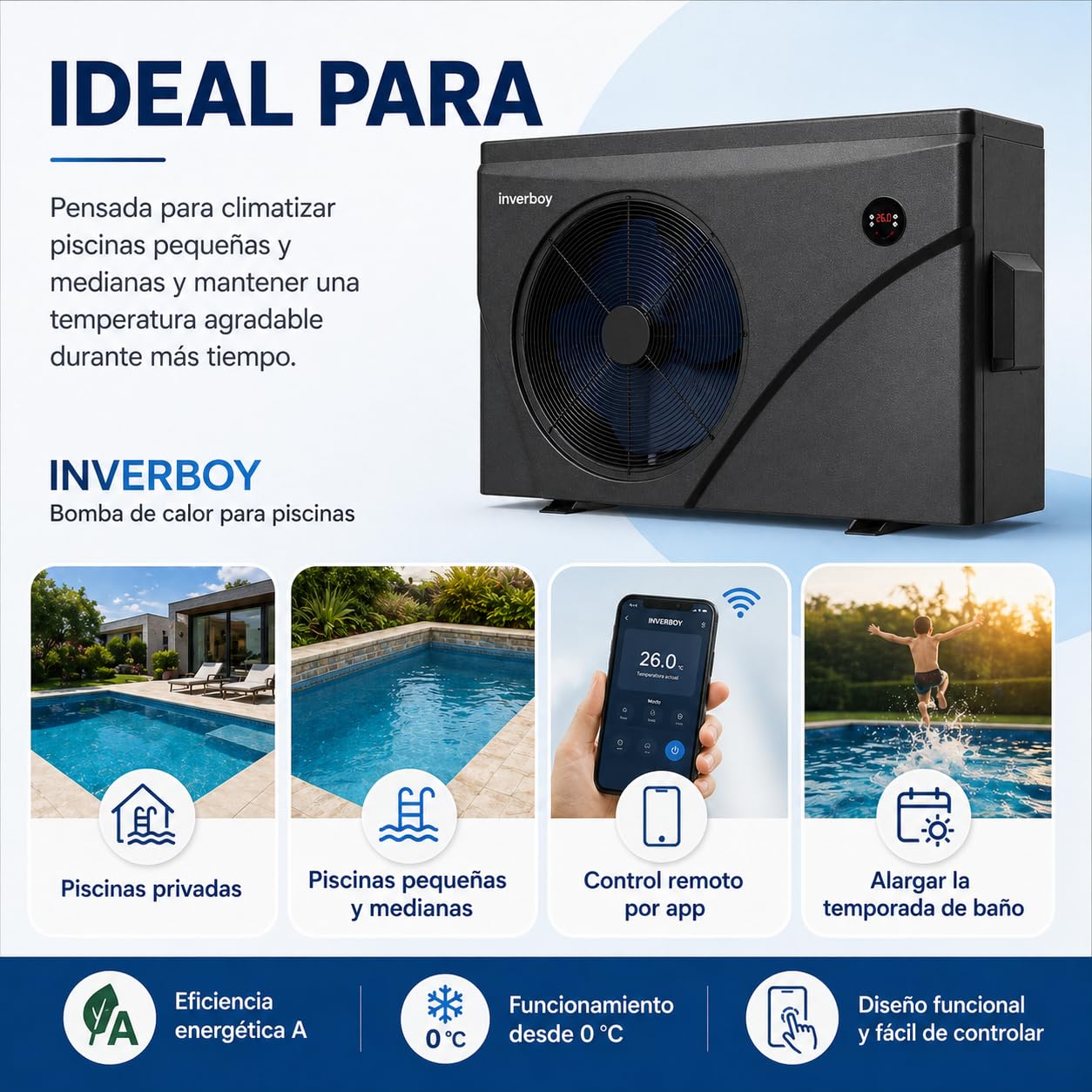 Inverboy Bomba de Calor para Piscina con WiFi, Clase Energética A, Funcionamiento Desde 0 °C, Modelos de 7 kW a 18 kW (7, Kilovoltios)