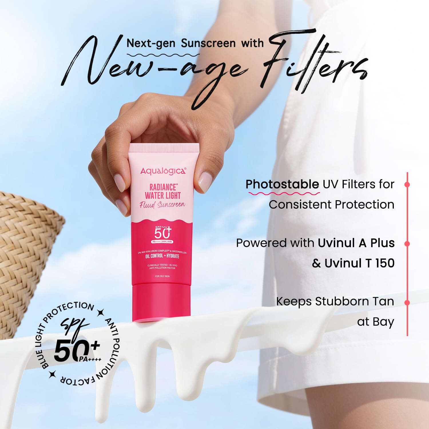Aqualogica Radiance+ Water Light Fluid Sunscreen - 50g | SPF 50+ PA++++ | In-Vivo Tested | New-age Filters | Ultra-Light Fluid Texture | For Bright & Radiant Skin | Fragrance-Free & No White Cast | 2% Nia-Hyaluron Complex | Broad Spectrum UVA/B & Blue Light Protection | Lightweight | For Men & Women 3