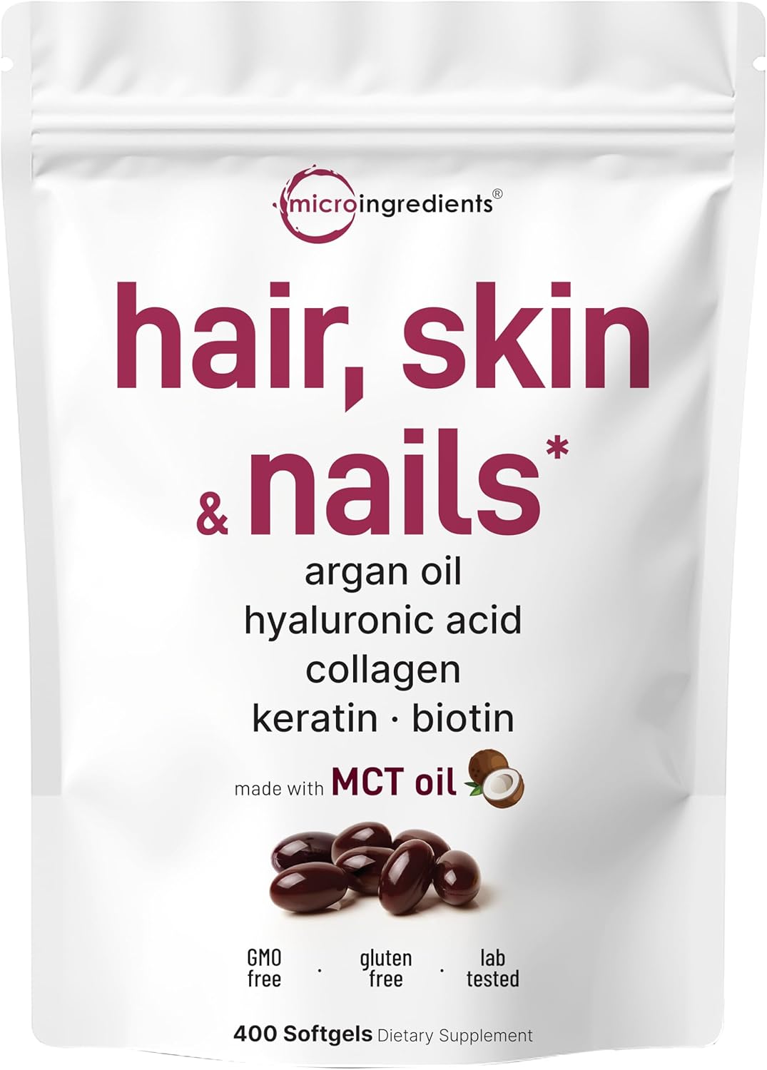 Micro Ingredients Hair Skin and Nails Vitamins for Women & Men | 400 Softgels with MCT Oil | 22-in-1 Argan Oil, Hyaluronic Acid, Collagen, Keratin & Biotin Complex | Natural Hair Growth Support Micro Ingredients Hair Skin and Nails Vitamins for Women & Men | 400 Softgels with MCT Oil | 22-in-1 Argan Oil, Hyaluronic Acid, Collagen, Keratin & Biotin Complex | Natural Hair Growth Support