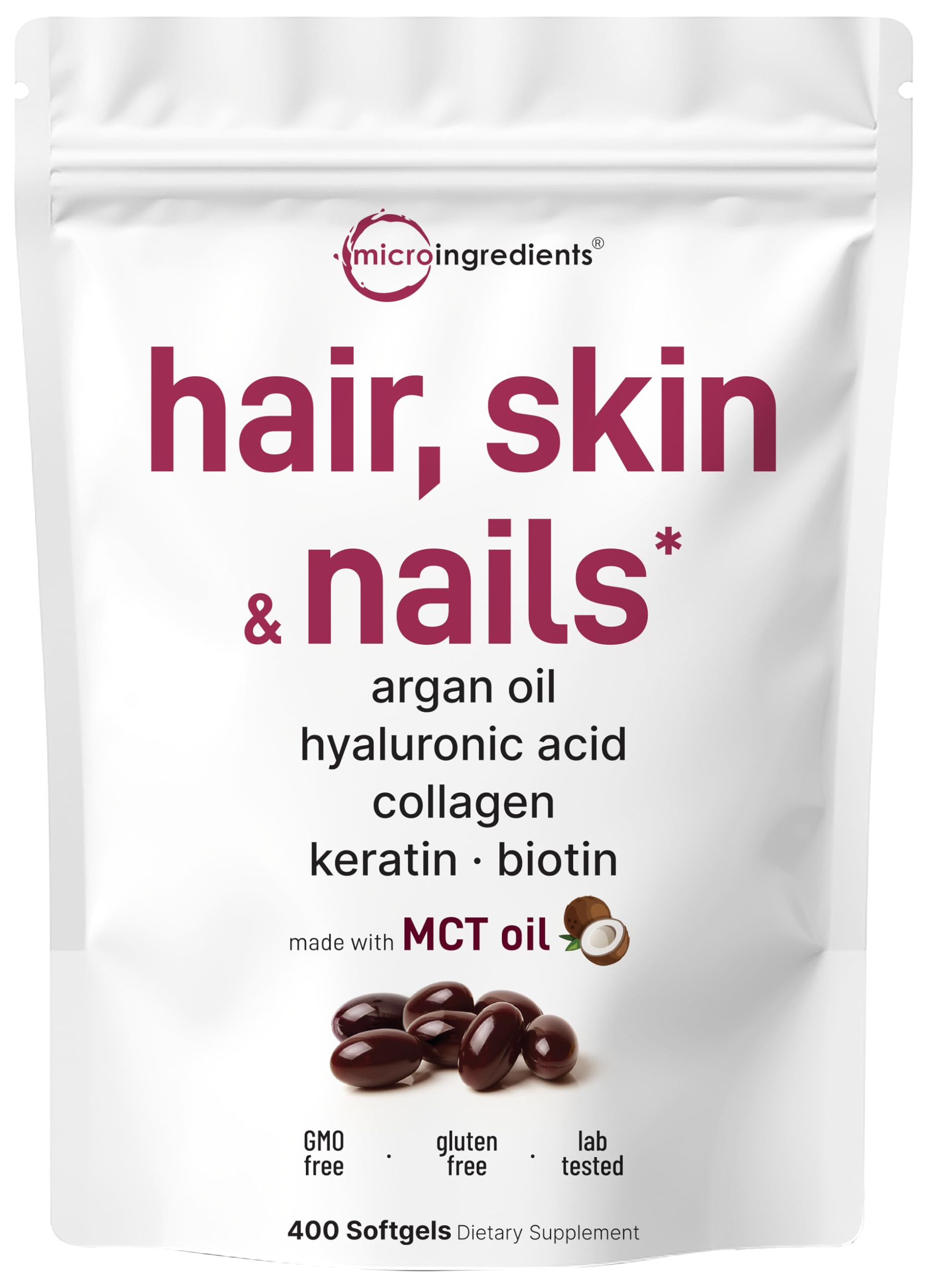 Vitaminas con microingredientes para cabello, piel y uñas, para mujeres y hombres | 400 cápsulas blandas con aceite MCT | Complejo 22 en 1 de aceite de argán, ácido hialurónico, colágeno, queratina y biotina | Apoyo natural al crecimiento del cabello