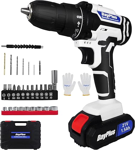 Taladro inalámbrico, juego de taladro eléctrico de 21 V con portabrocas sin llave de 3/8 pulgadas, par de torsión de 398 pulgadas, ajuste de par de