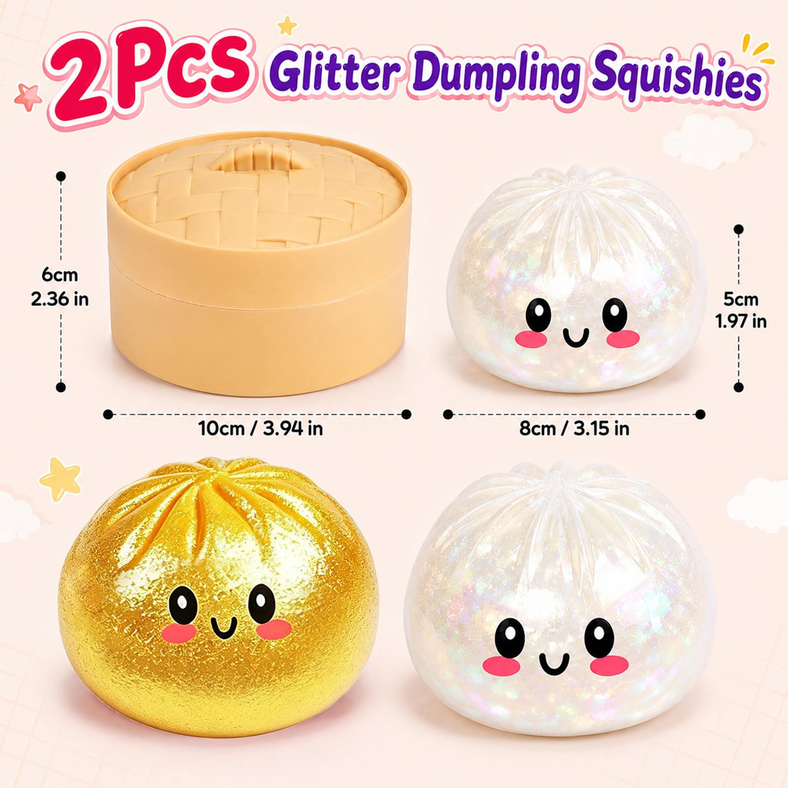 Glitter Dumpling Squishy, 2Pcs Squishy Dumpling Toy, Mystery Dumplings Squishy Fidget Toys Stress Relief - Image 5