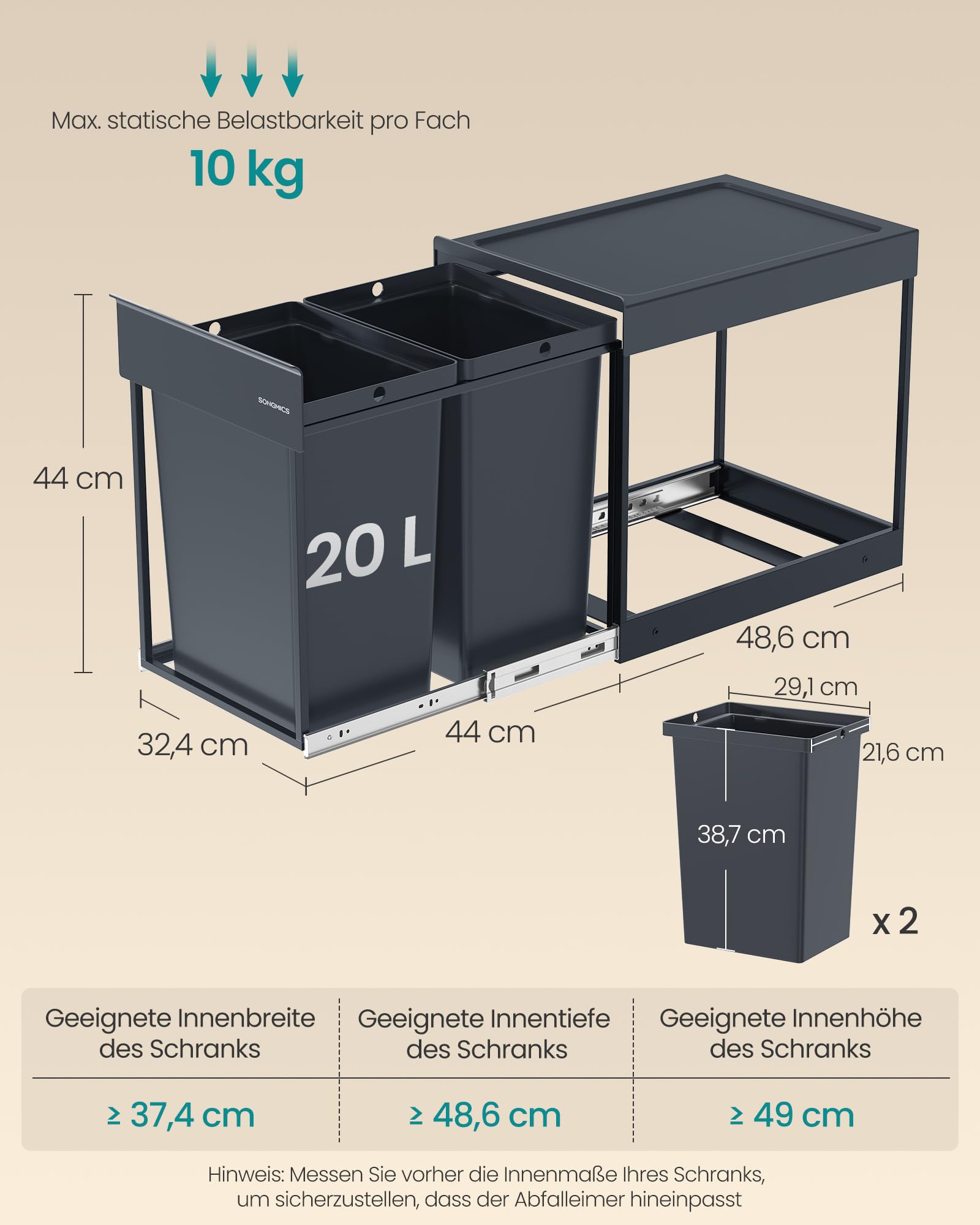 SONGMICS Mülleimer küche 2 x 20 L ausziehbar Mülltrennsystem Stahlrahmen grau