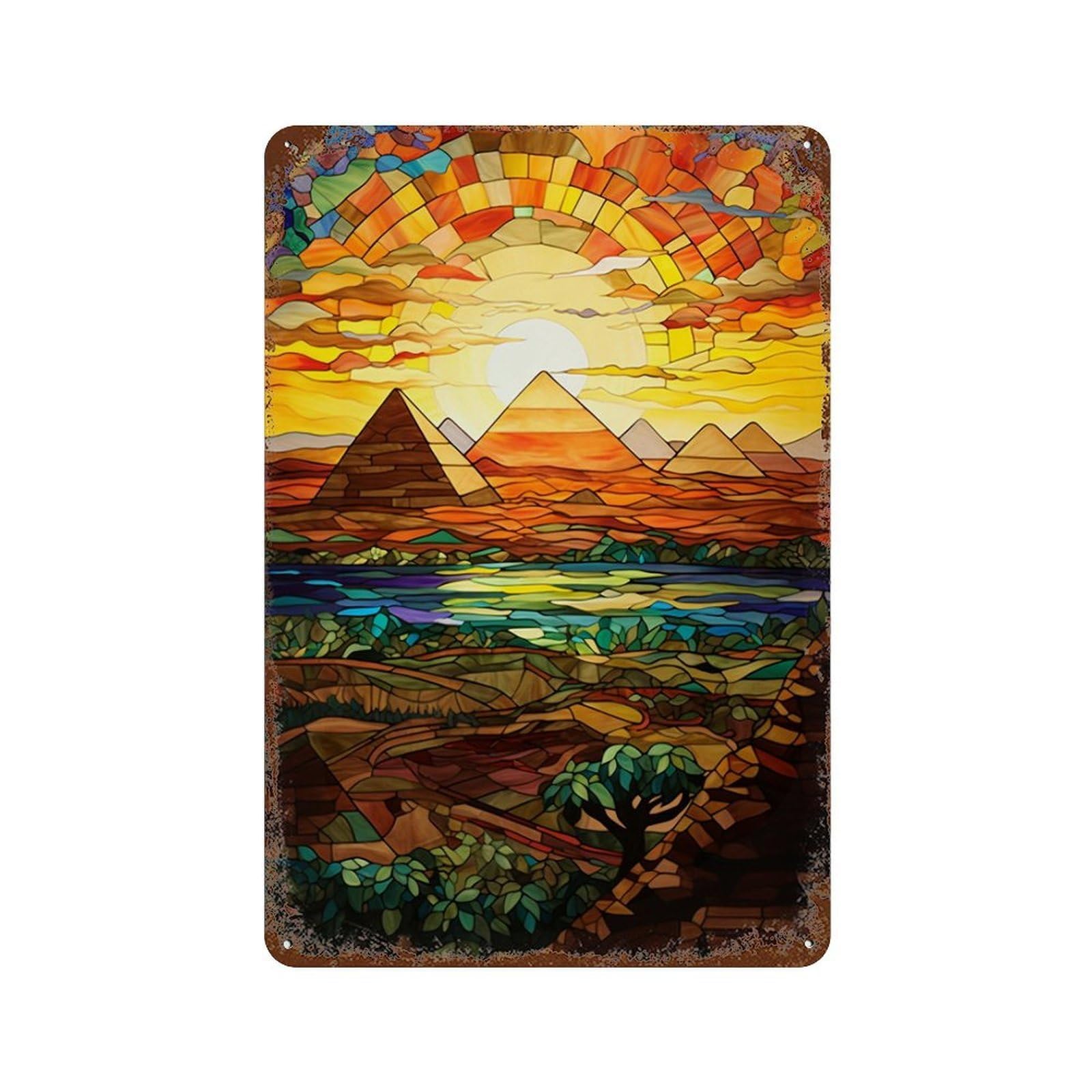 Rust Effect Stained Glass Pyramid Sunset Vintage Metal Tin Sign 11.8"x7.9", Farmhouse Wall Decor for Garage, Bar And Workshop Decor