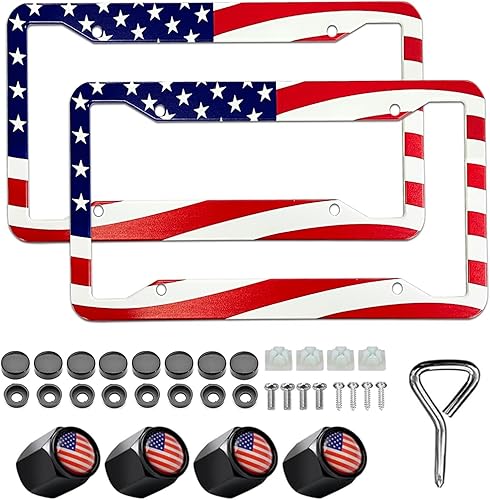 Marco de matrícula con bandera estadounidense, paquete de 2 marcos universales de aluminio para matrícula de automóvil patriótico con tornillos y