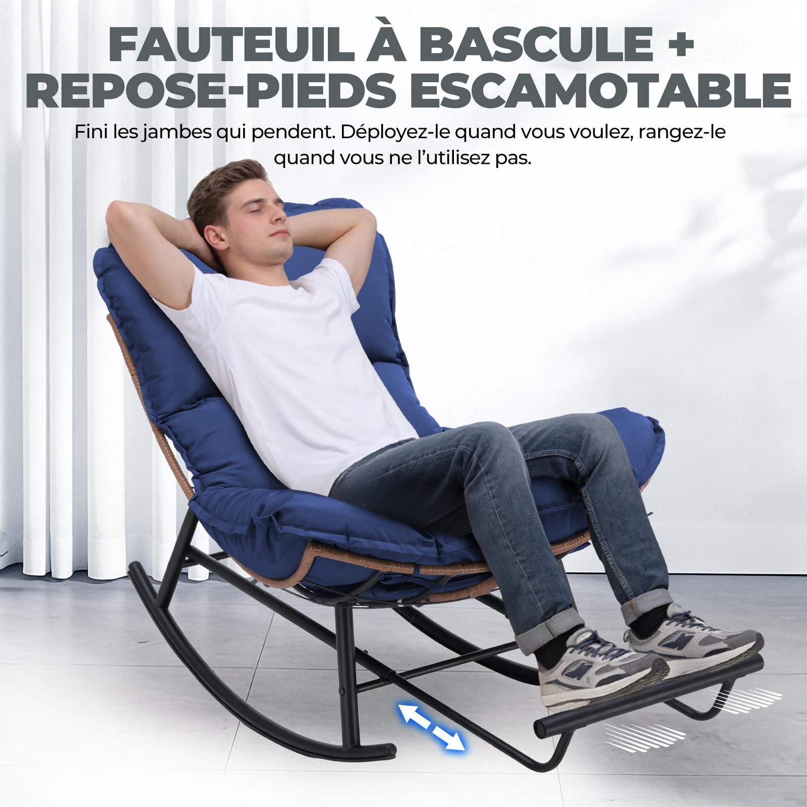 COMHOMA Fauteuil à bascule, fauteuil à bascule, fauteuil de relaxation, structure en acier, repose-pieds extensible, coussin amovible, charge maximale : 136 kg, pour chambre à coucher, salon, terrasse
