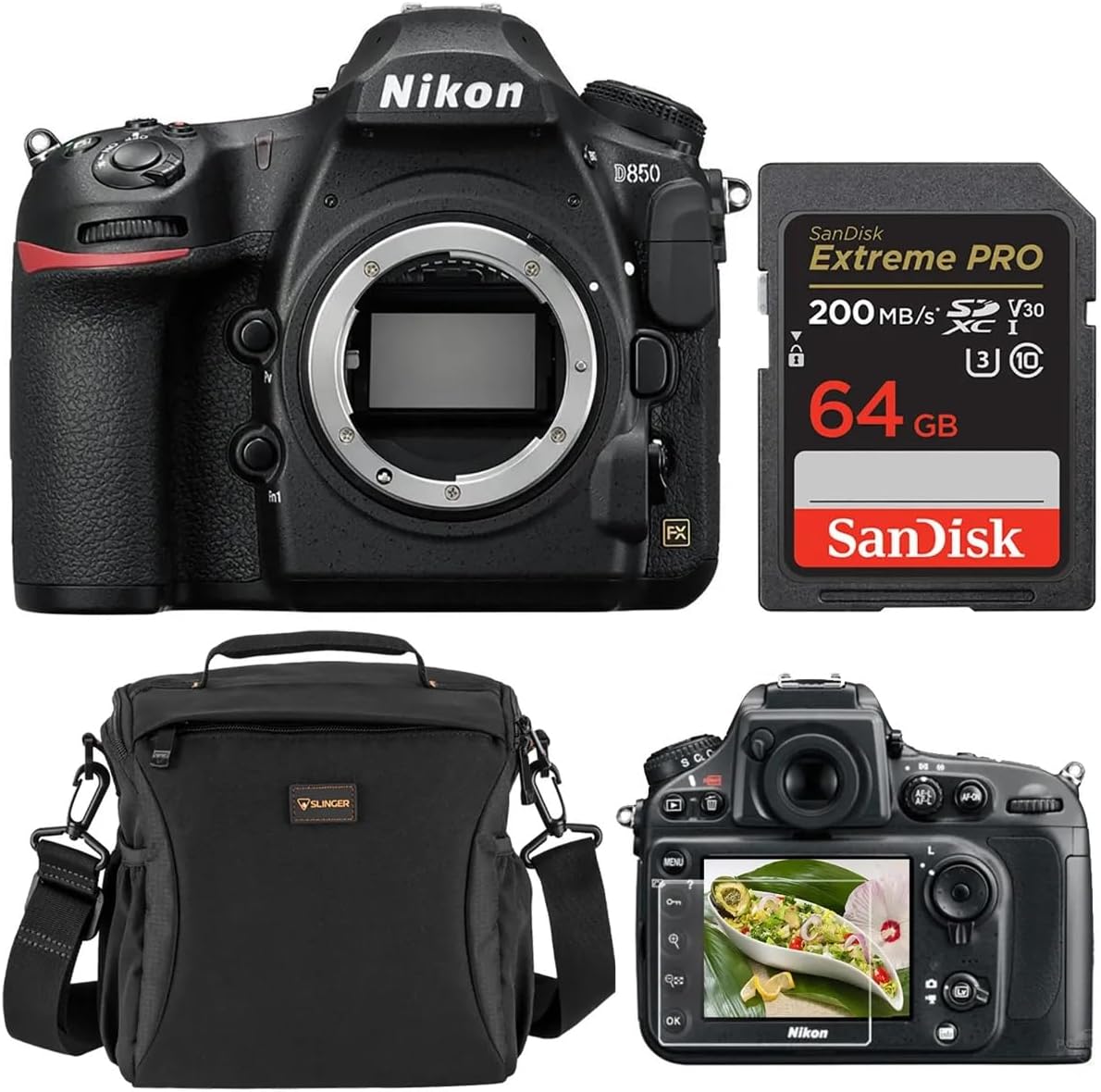 Nikon D850 DSLR Camera, Bundle with 64GB Memory Card, Slinger Shoulder Bag, Screen Protector Nikon 1 Year Warranty