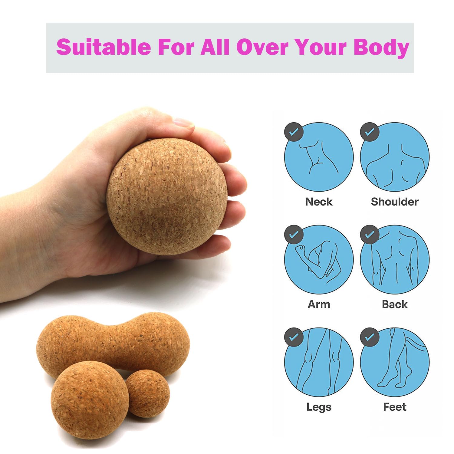 Juego de 3 bolas de masaje de corcho para liberación de fascia después del ejercicio, yoga, terapia de puntos de activación, relaja los músculos y alivia el estrés, juego de 3 (5.4 x 2.4 +