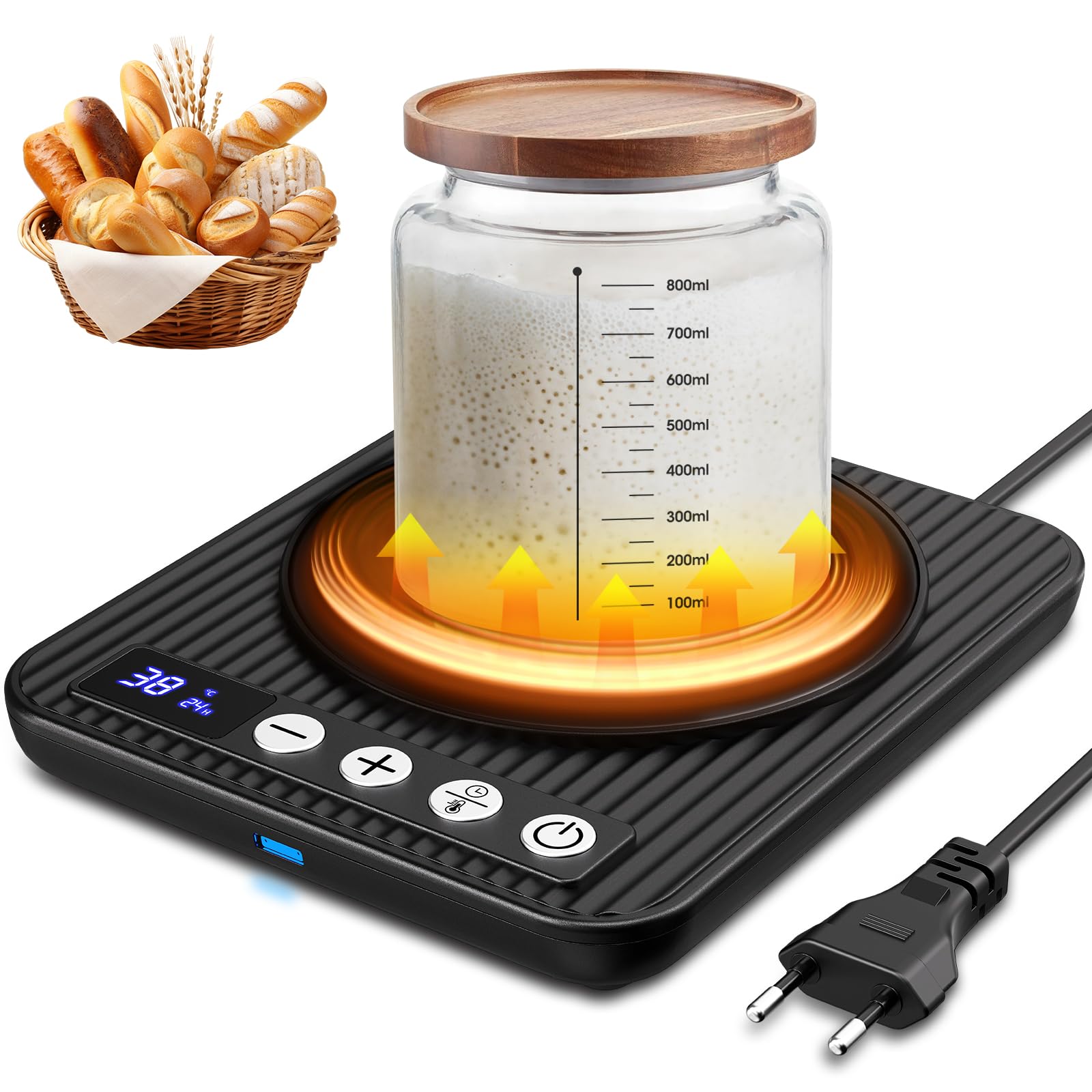 MQFORU Chauffe-levain - Contrôle précis du thermostat de 1 °C (21 à 38 °C) - Tapis chauffant au levain - Chauffe-eau pour démarrage au levain - Minuterie 0 à 24 h - Marche/arrêt automatique - Fonction