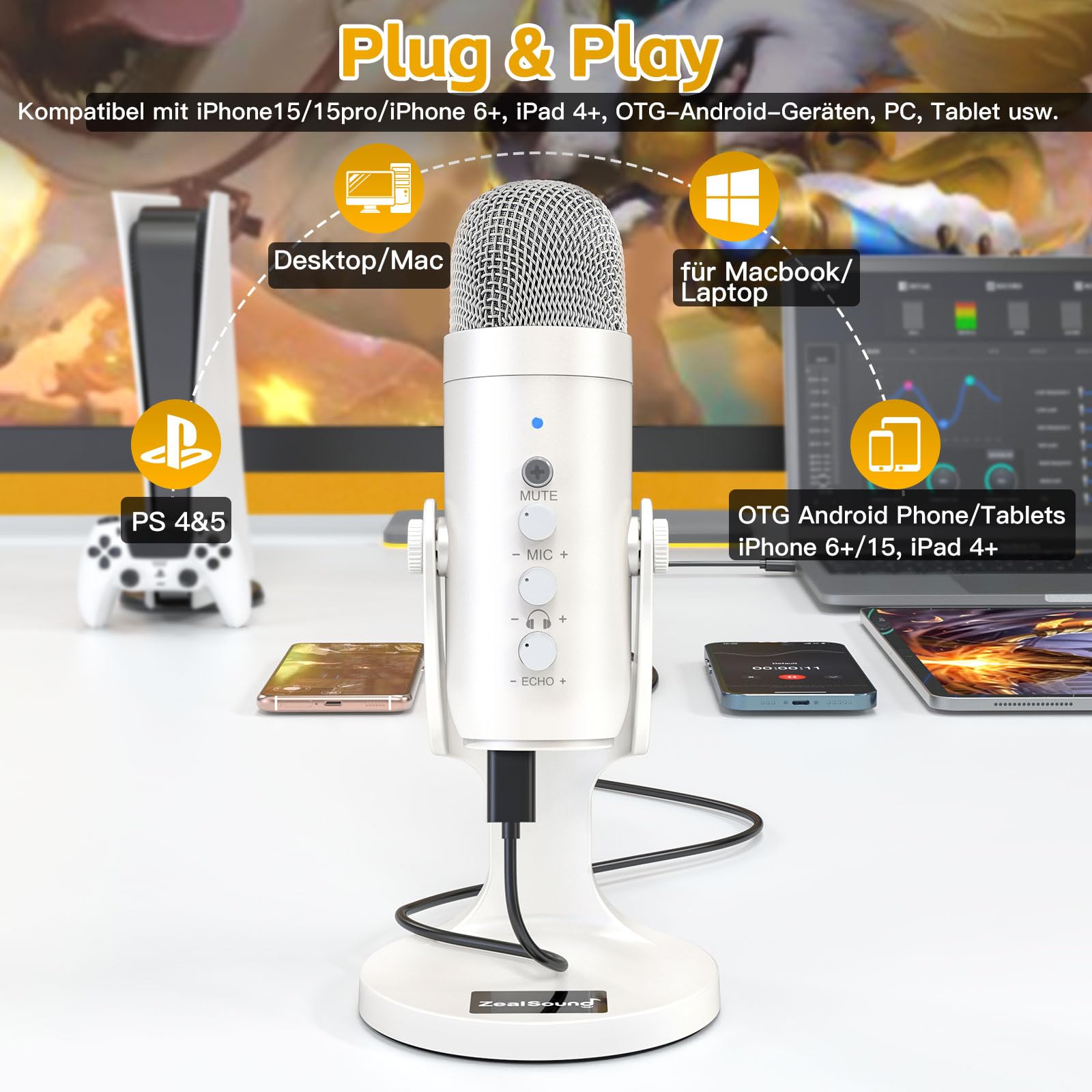 zealsound USB Mikrofon mit Rauschunterdrückung, Mute, Echo & Gain, für PC, Mac, iPhone, Android, PS4/PS5, ideal für Streaming, Gaming, ASMR, YouTube, Gesang, Twitch – K66 Pearly White
