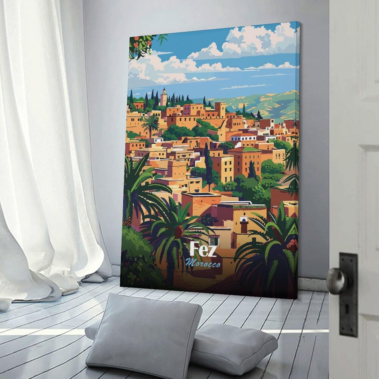 Junmoney Fez, Morocco Travel Canvas Wall Decor 24x36inch(60x90cm), for Home Lounge, Bedroom Or Reading Nook, A Home Accent with Warm Character