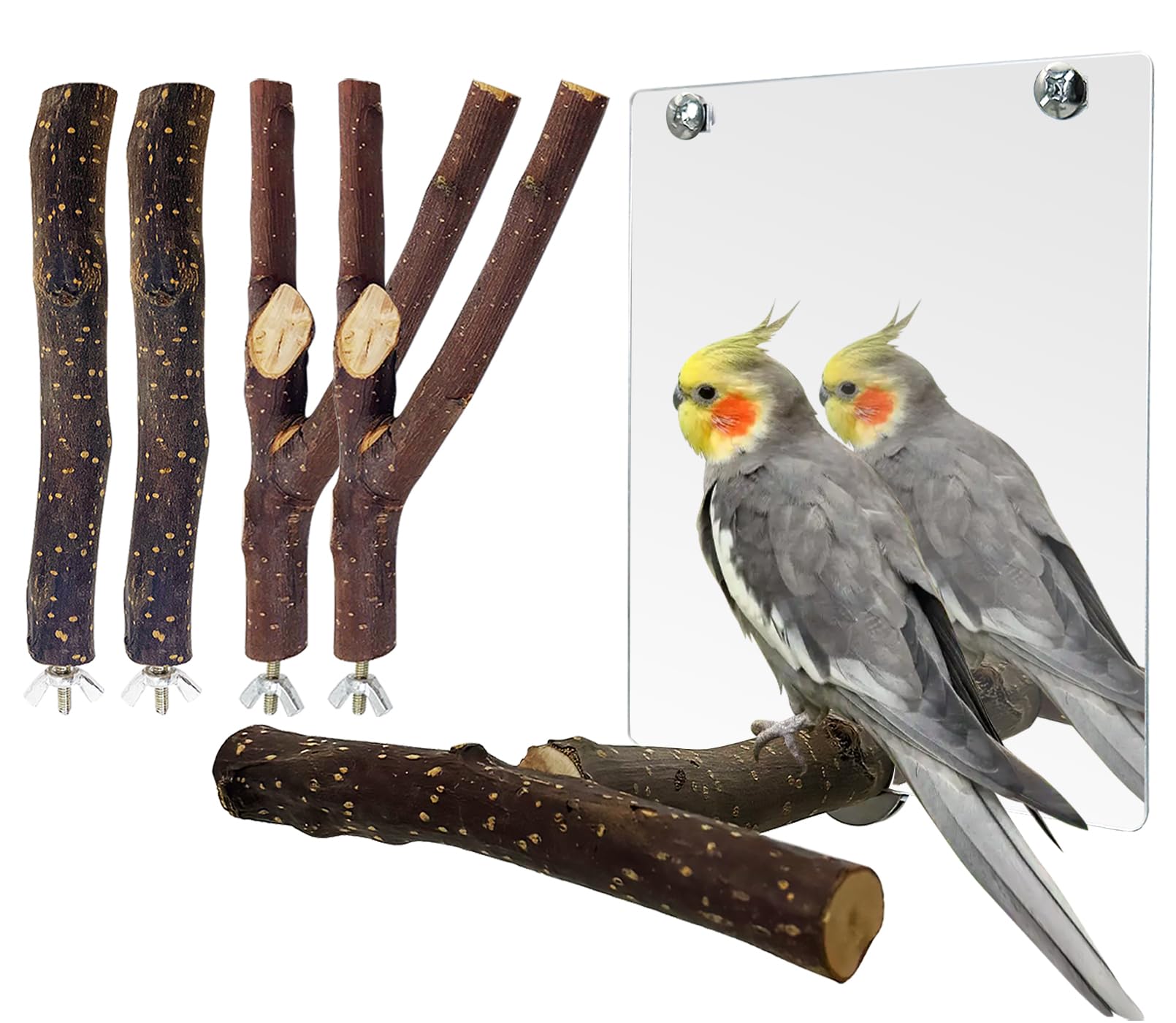 BNOSDM 5PCS Bird Mirror with Perches Stand Parrot Natural Wood Stick Perches Forked Perch Branch Parakeet Toy Set Bird Cage Accessories for Budgie Cockatiel Conure Finch Lovebird
