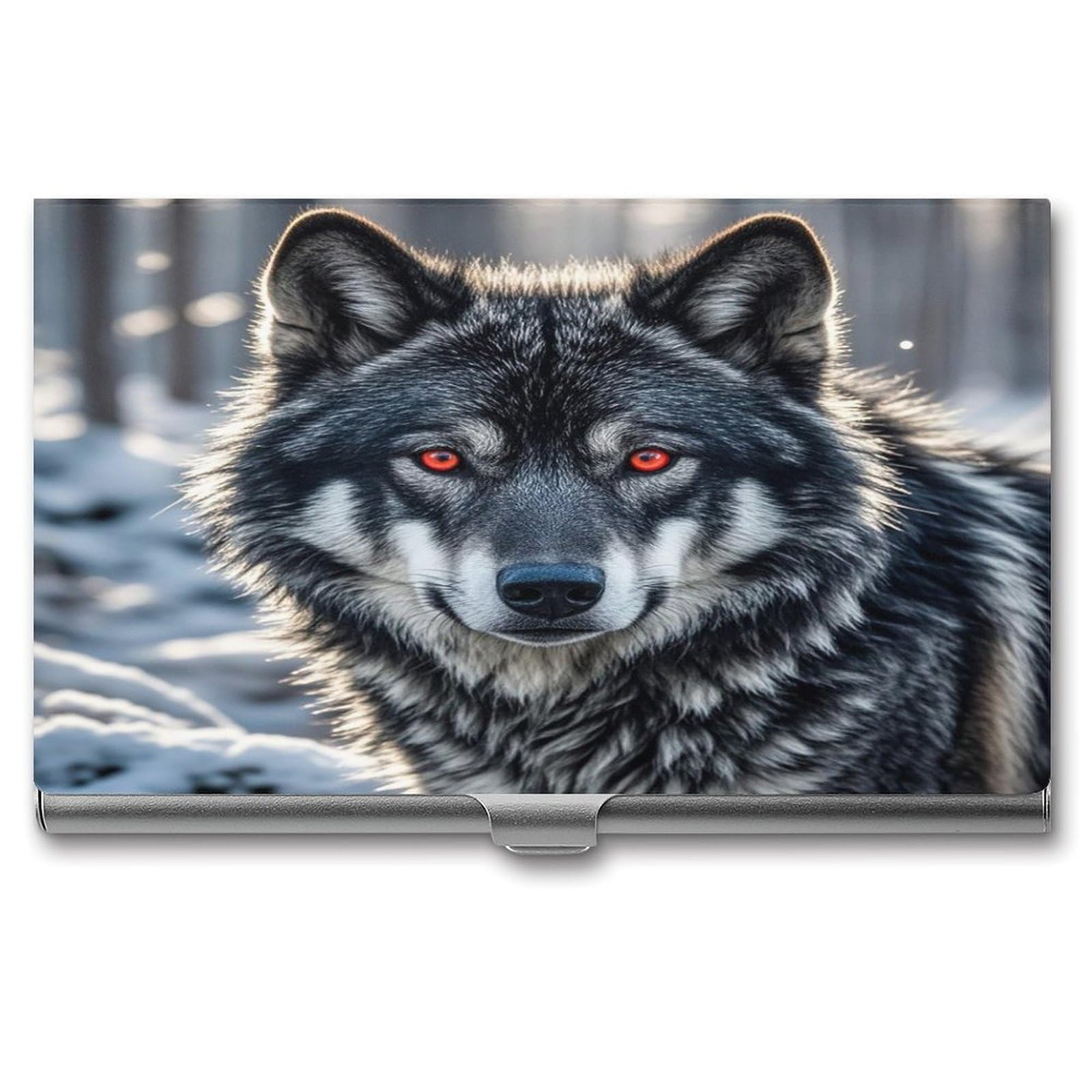 FekiLoot Big Black Wolf with Red Eyes Business Card Holder Aluminum Alloy Business Card Case Convenient to Carry Business Card Dispenser for Men Women