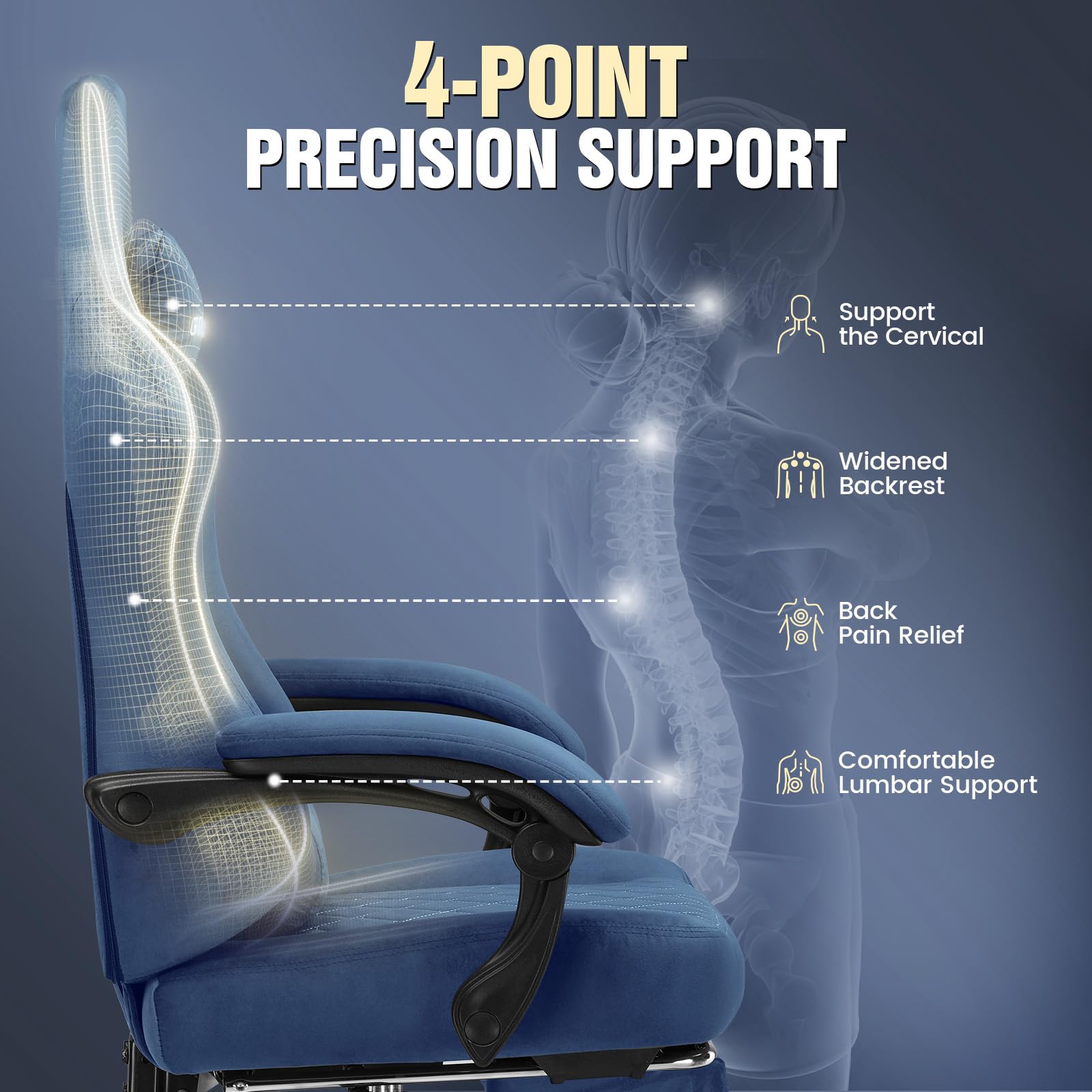 GTPLAYER Silla Gaming Ergonómica de Tela para PC y Oficina, 150 kg, Regulable y Giratoria con Cojín de Asiento con Muelles y Reposapiés, Azul