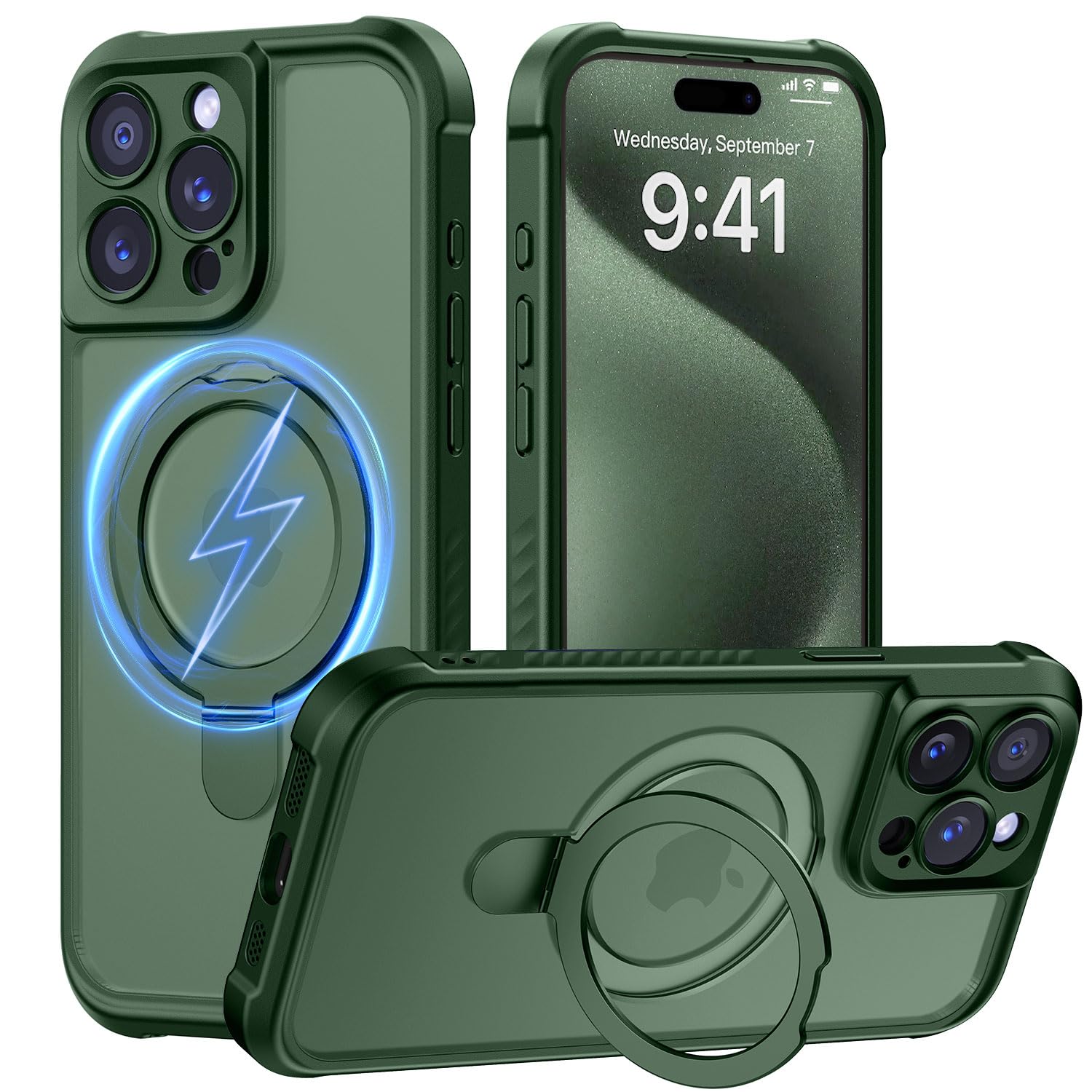 MOCCA Magnetic for iPhone 15 Pro Case with Stand,Dark Green
