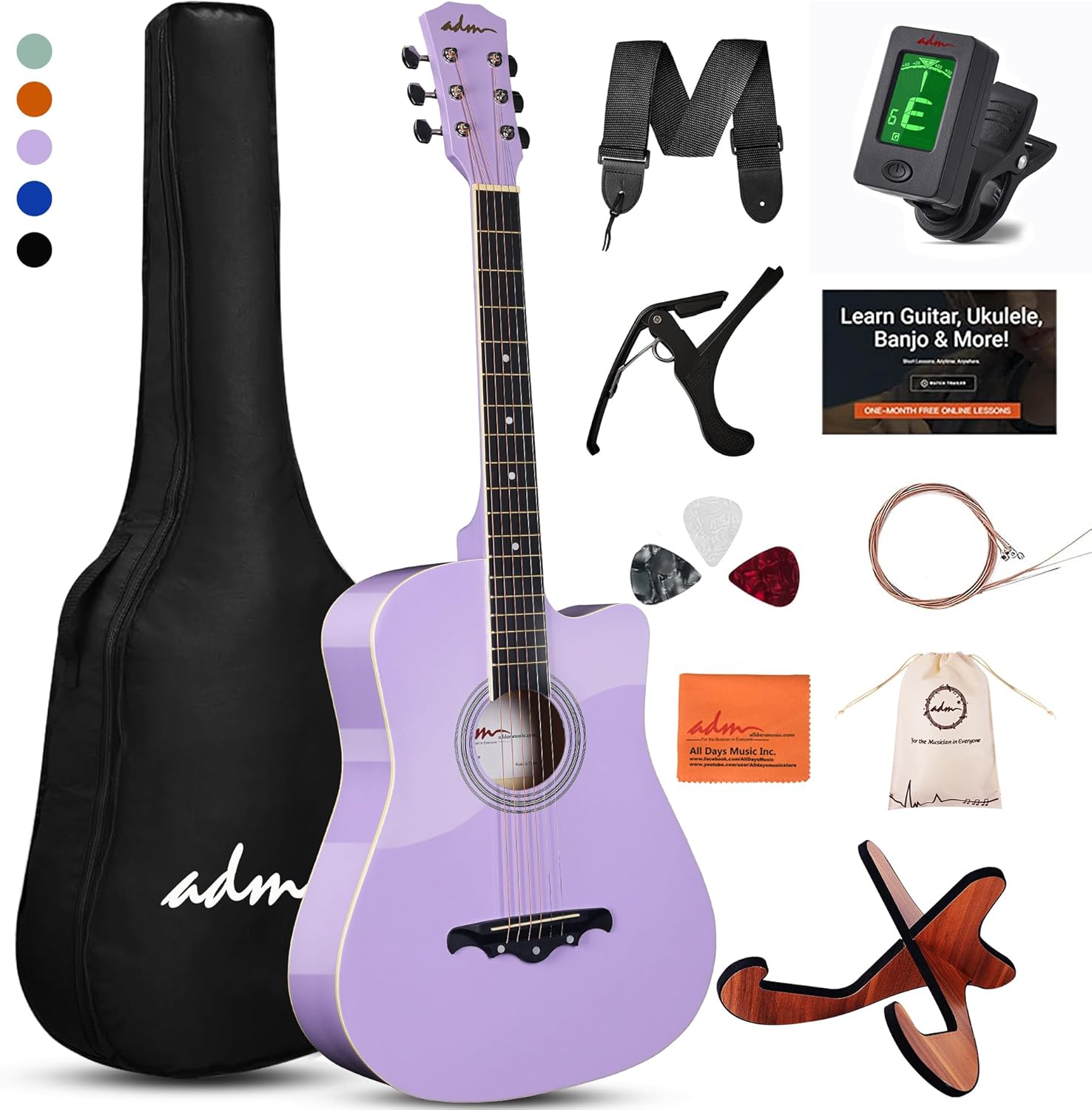 ADM 38" Inch Acoustic Guitar Bundle for Beginners Adults with Online Lesson, Cutaway Wood Acustica Guitarra Starter Set Package with Gig Bag, Strap, Steel Strings, Picks, Capos, Stand, Purple 1