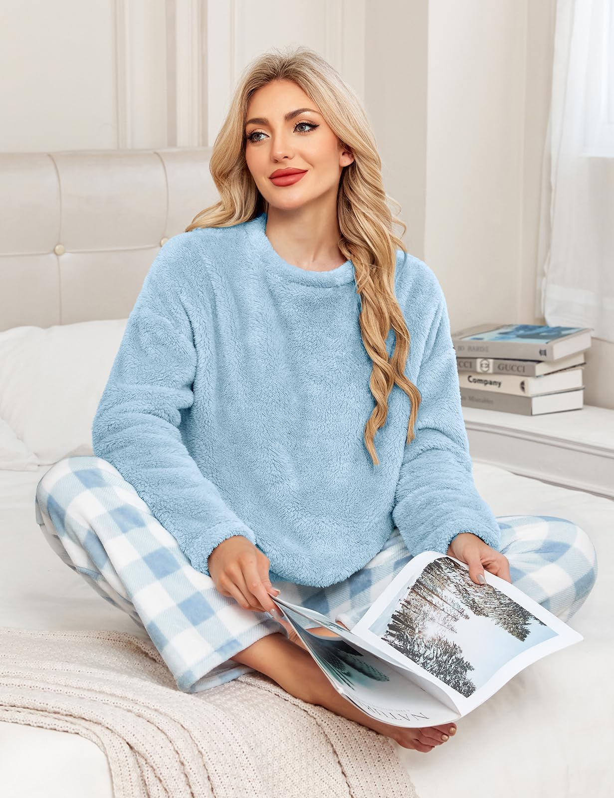 UMIPUBO Pijama Mujer Invierno Polar Manga Larga y Pantalón Largo con Bolsillo Franela 2 Piezas Conjunto de Pijama Calentito Cuadros Ropa de Dormir Suave Plaid Pijamas Navidad