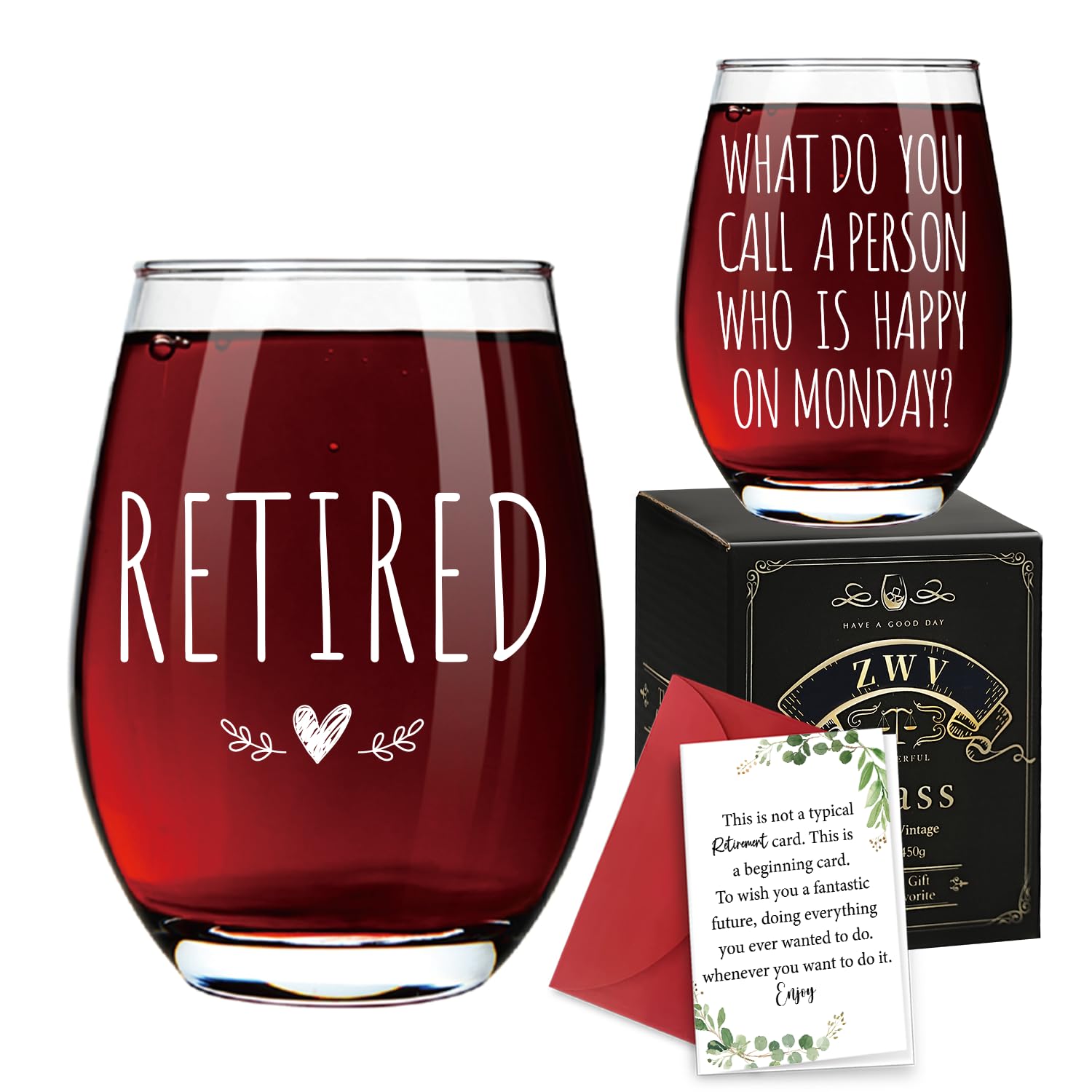 ZWV Retired Wine glass for women, What Do You Call a Person Happy on Monday, Inspirational Retirement Gifts for Friends, Coworkers, Mom, Grandma-71
