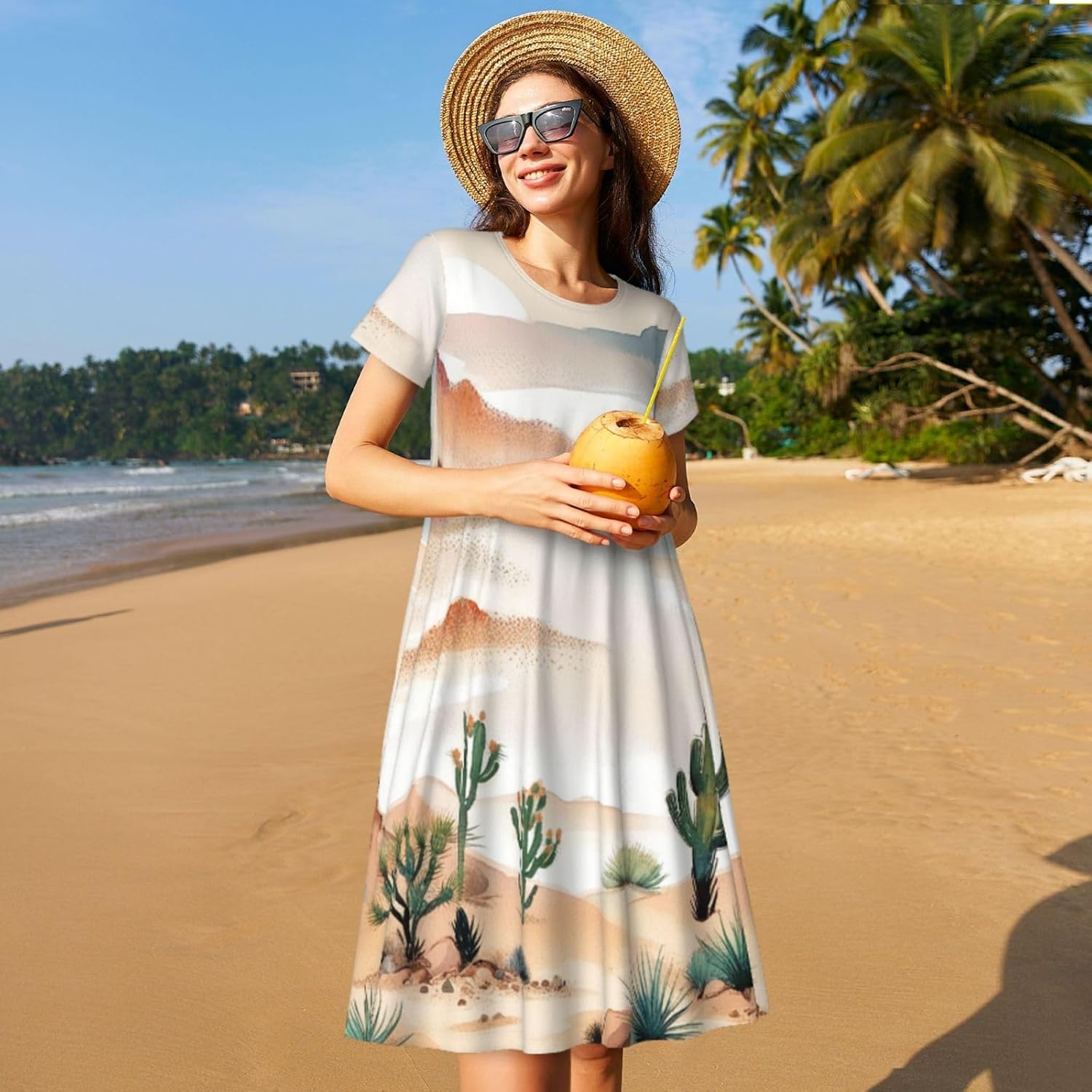 Women's Summer Dress Casual Short Sleeve Dress High Waist Knee Length Dress