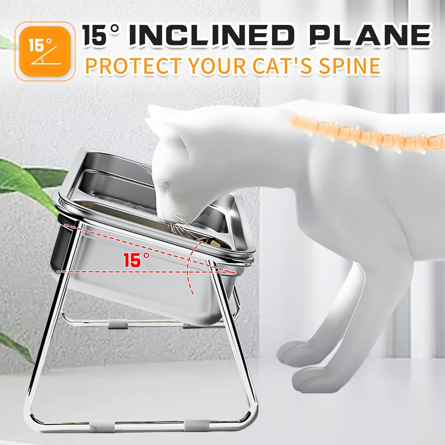 Elevated Cat Bowls,304 Stainless Steel,15° Tilted Raised Cat Food Bowl,Stand Anti Vomiting Pet Bowls for Cats and Puppy (Single Bowl)