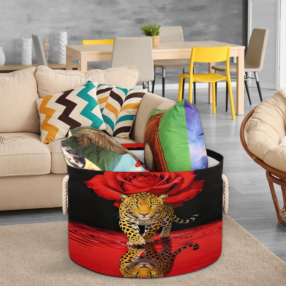 Large Storage Baskets - Leopard Red Roses Nursery Organizer Bin Box with Handles Collapsible Round Laundry Hamper for Kids Toys Pet Blanket, Bedroom Living Room Home Decor Gift Basket