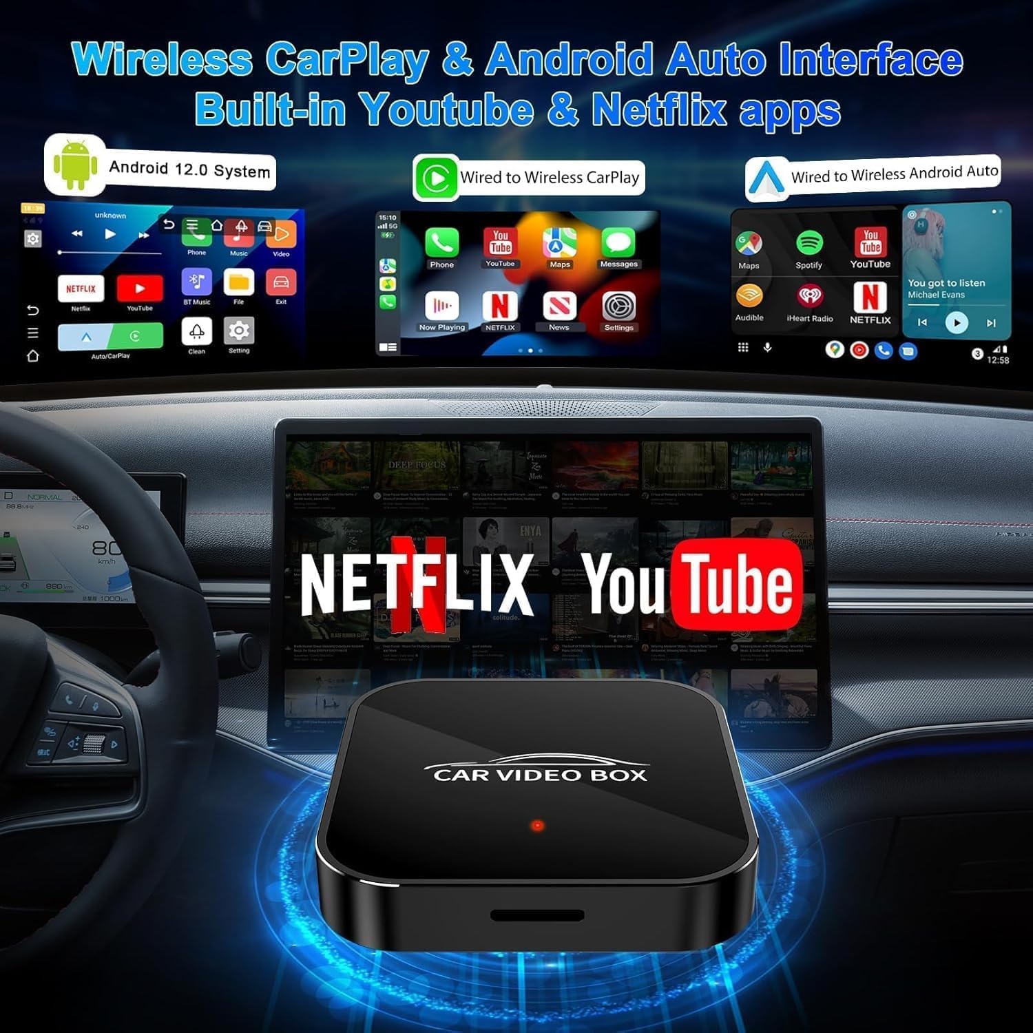 2026 Wireless CarPlay & Android Auto Adapter supporta Netflix/YouTube/TF – Plug & Play, Magic Video Box compatibile con CarPlay & Android Auto di fabbrica (4GB RAM+16GB)