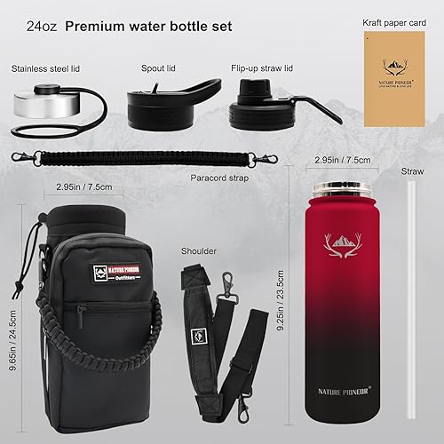 Miniatura 5 de NATURE PIONEOR Botellas de agua aisladas con pajilla, botella de acero inoxidable de 24 onzas con soporte, portador  funda, reutilizable, grado