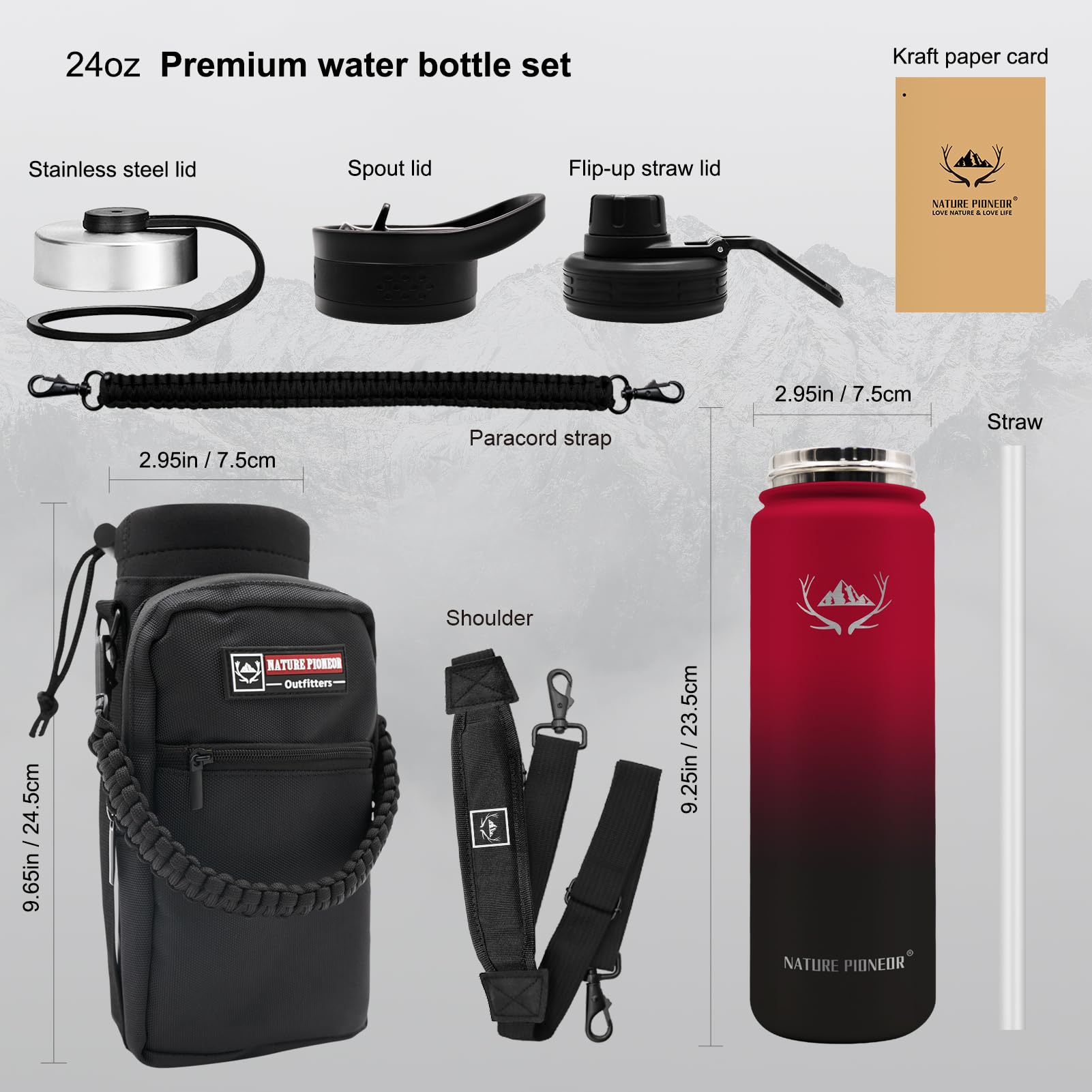 NATURE PIONEOR Insulated Water Bottles with Straw - 24oz Stainless Steel Vacuum Bottle with Holder/Carrier/Sleeve - Reusable 18/8 Food Grade Thermos Water Jug