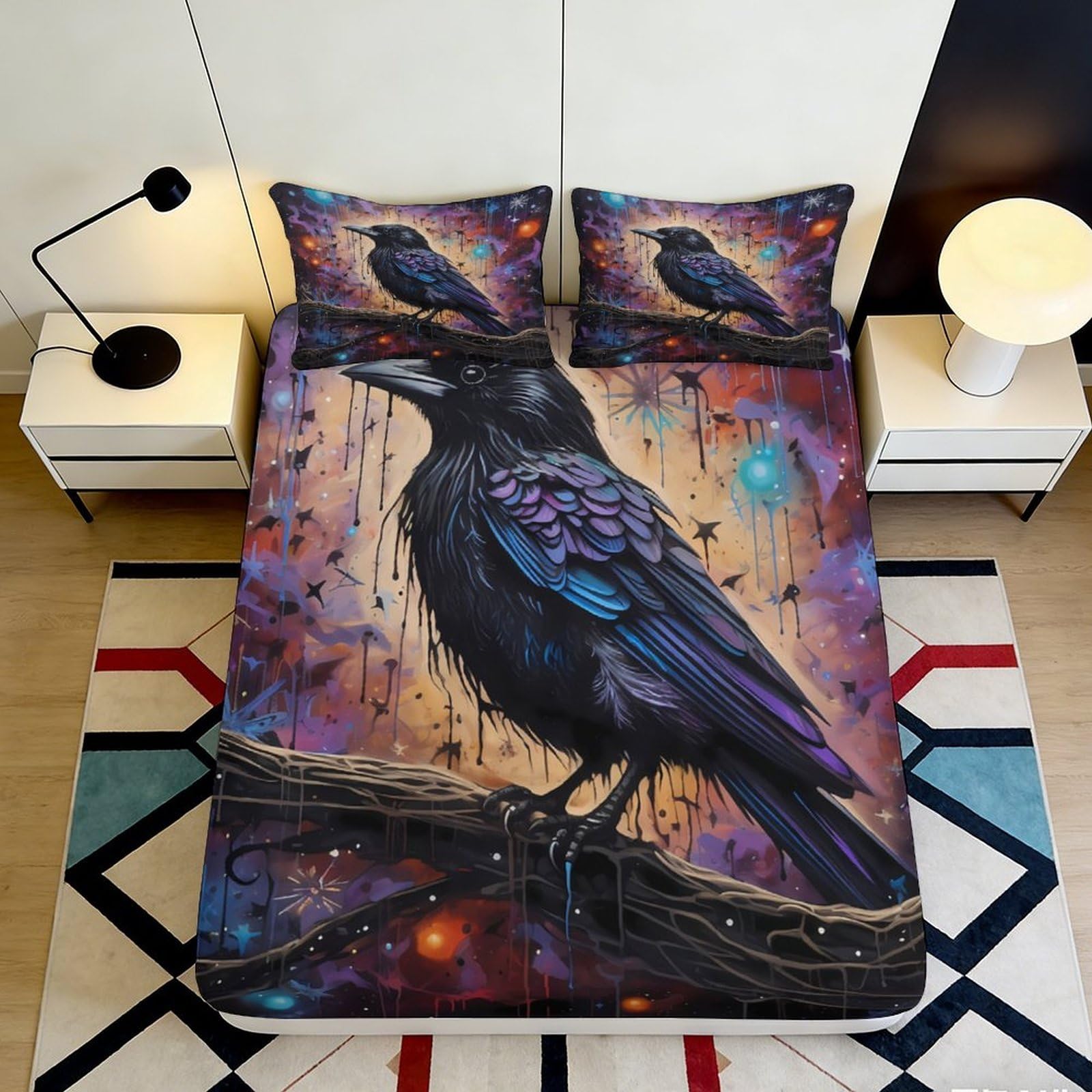 3D Printed Raven Art Fitted Sheet Microfiber Vibrant Gothic Bird Mattress Cover for Bedroom Decoration Dorm Room 90x200x25cm