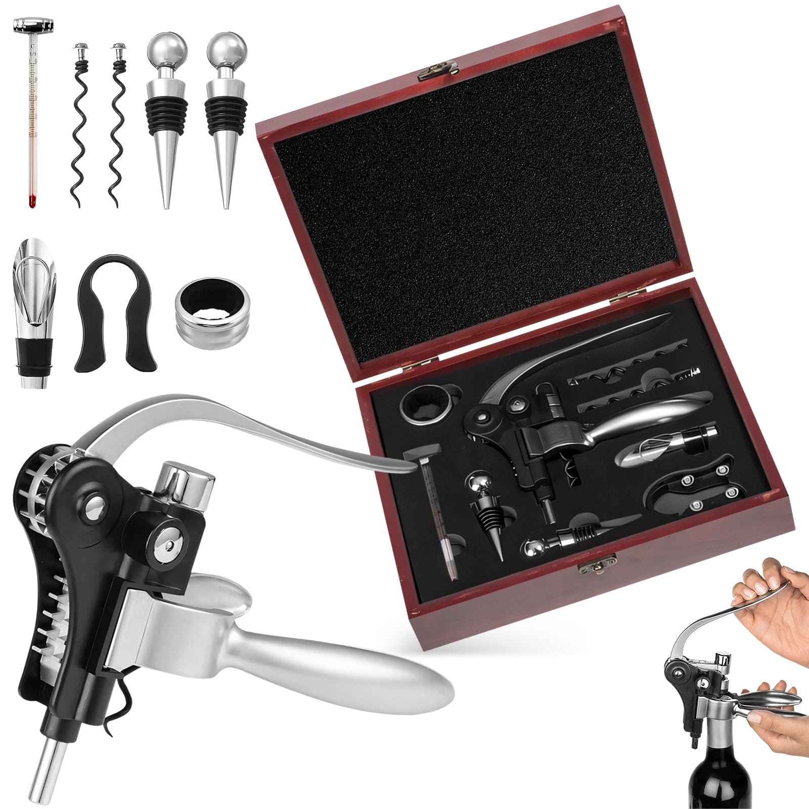 Sacacorchos Profesional Manual 9 Piezas con Caja Regalo Madera, Decantador y Antigoteo, Accesorios Abrebotellas para Regalos