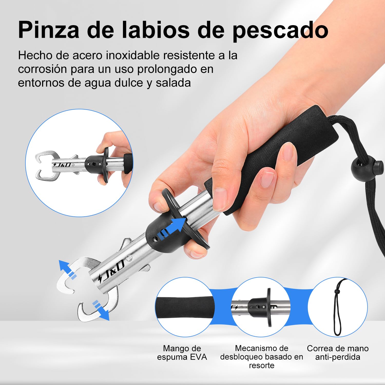 J&D Pesca Pinzas y Pescado Labios Pinza Fije, Multifuncional Acero Inoxidable Pesca Pinzas Marcha Atrás Gancho Portero Herramientas con Seguridad Tipo de Bobina con Fundas y Atadura, Negro