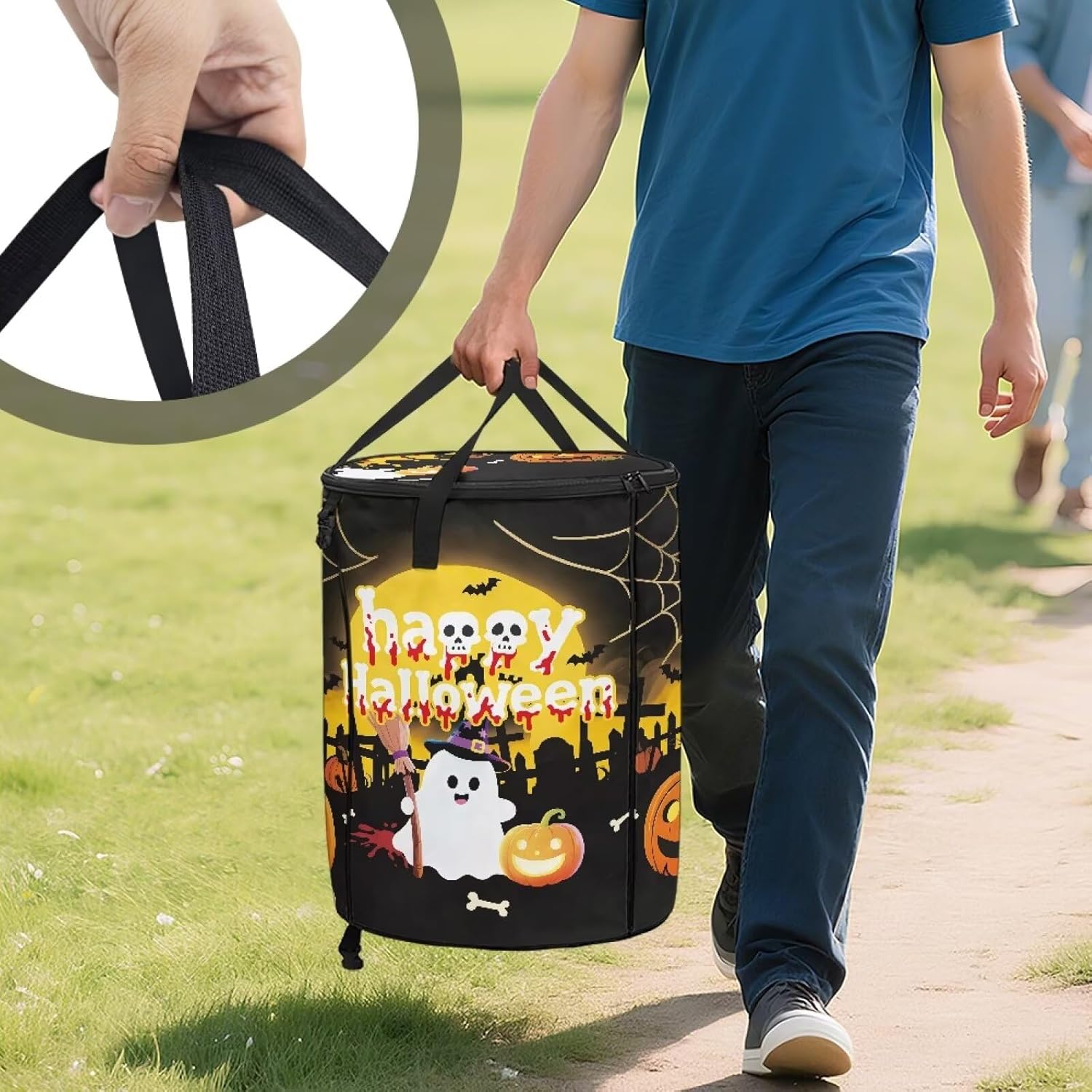 Halloween Bathroom Trash Can with Lid Ghost Pumpkin Printed Foldable Trash Cans for Parties 20 Gallon Outdoor Garbage Cans for Patio Waterproof