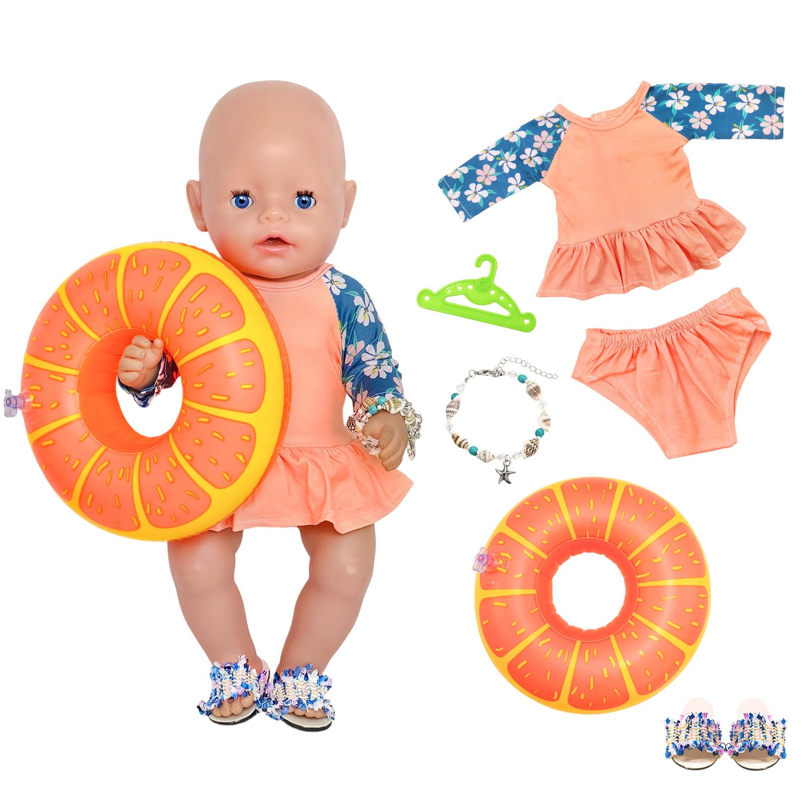 5 Pcs Baby Doll Clothes for 14-18 Inch Baby Doll, Summer Doll Clothes Outfits with Blue Orange Dress Nappy Flip-Flops Rubber Ring Bracelet Hanger, 30-45 cm Doll Accessories for Girls Birthday Gift