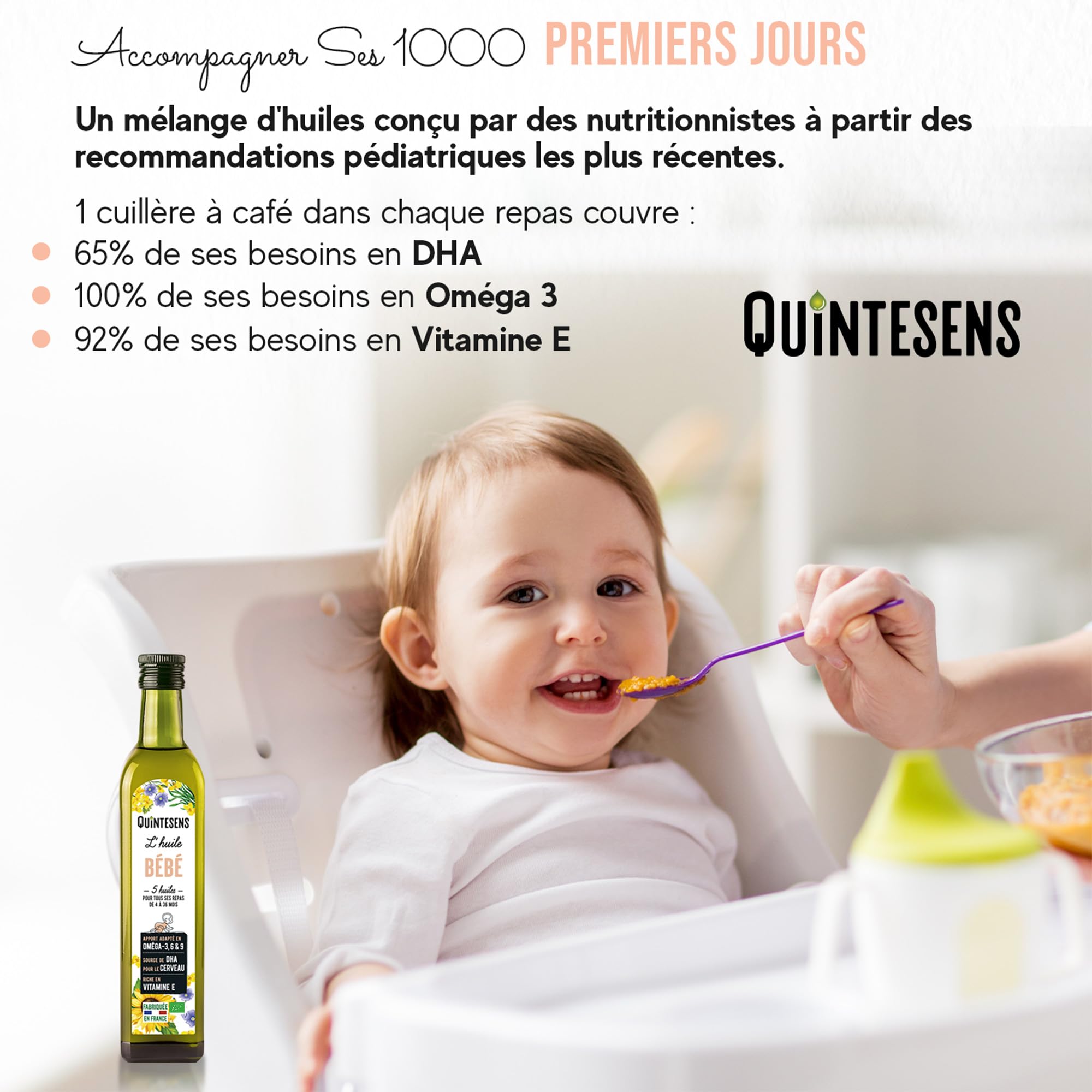 Lot 3 Huiles Bébé QUINTESENS 250 ml - Développement cérébral et Protection cellulaire - Apports en DHA, Oméga 3, 6 & 9 et Vitamine E - Production 100% Française - 4-36 Mois