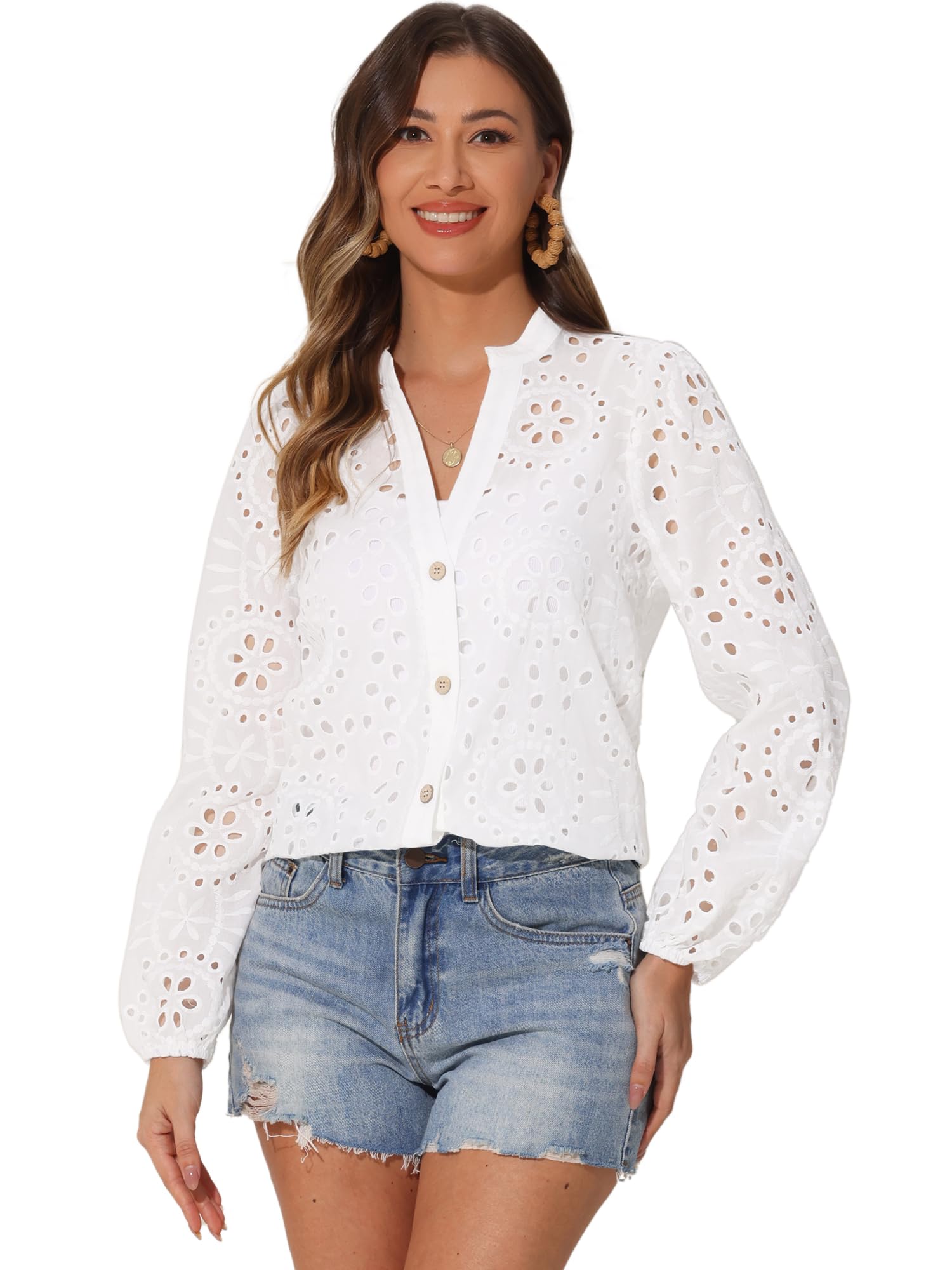Allegra K Boho Blouse for Women's Collared V Neck Hollow-Out Eyelet Puff Sleeve Button-Up Shirt