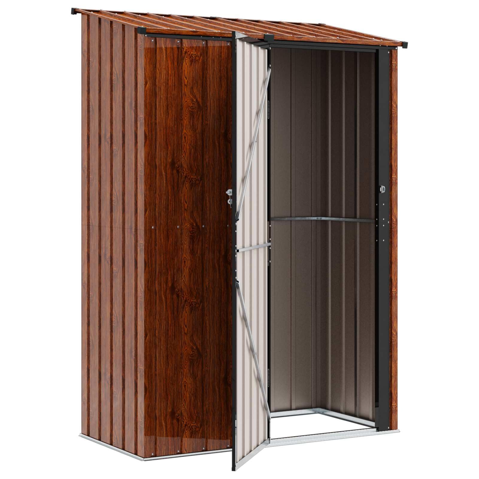 Domek ogrodowy metalowy, brązowy, 140,5 x 74 x 200 cm, z zamkiem, odporna na warunki atmosferyczne, na taras, balkon, podwórko, szopa na narzędzia z miejscem do przechowywania narzędzi