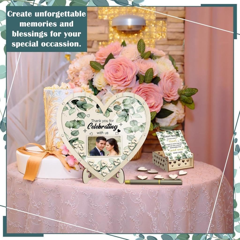 Wooden Wedding Guest Book Alternative with 63 Wood Hearts Chips, Drop Box and Pen Eucalyptus Leaves Theme Heart Picture Frame for Wedding Love Anniversary Ceremony Guestbook (Wood)